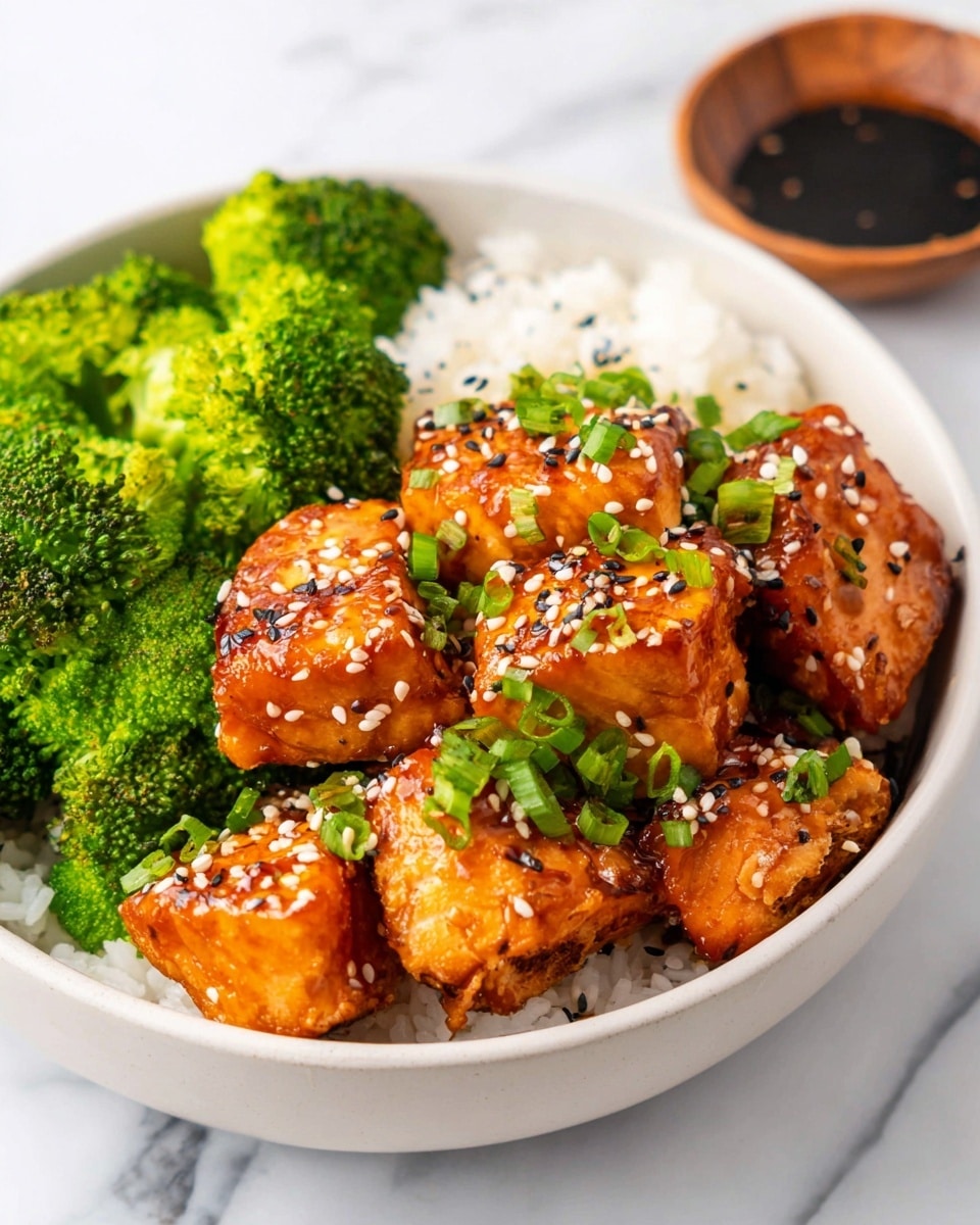 The image shows a clear glass bowl filled with several thick, uneven pieces of raw salmon coated in a mix of dark spices. The salmon pieces are bright orange with visible white lines of fat, surrounded by a speckled layer of black and reddish seasoning. A light-colored wooden spoon rests inside the bowl, partially buried in the fish. The bowl sits on a white marbled surface, adding a clean and fresh look to the scene. photo taken with an iphone --ar 4:5 --v 7