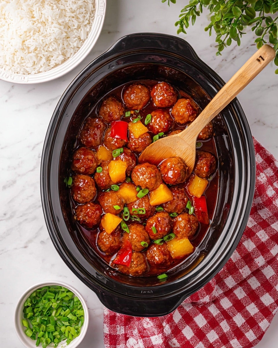A black slow cooker filled with many small, round meatballs coated in a shiny, dark reddish-brown sauce, mixed with bright yellow pineapple chunks and red bell pepper pieces, all topped with small green slices of scallion; a wooden spoon is lifting some meatballs from the bottom right side. To the top left, a white plate holds fluffy white rice, and below it, a small white bowl contains chopped green scallions. A red and white checkered cloth is laid near the bottom right corner on a white marbled surface, with some green plant leaves visible in the top right corner. Photo taken with an iphone --ar 4:5 --v 7