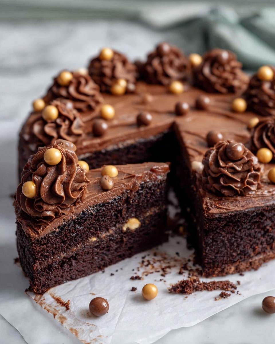 The image shows a rich chocolate cake cut into several slices, with one slice partially removed in the front. The cake has a dark brown, moist, and slightly crumbly texture in the main layer. On top, there is a thick layer of glossy chocolate frosting, piped in neat swirls around the edge. Small round chocolate and golden candy balls are scattered on the frosting and cake surface, adding a festive touch. The cake is placed on white baking paper over a white marbled surface. Some candy balls and crumbs are scattered around the base of the cake. Photo taken with an iphone --ar 4:5 --v 7