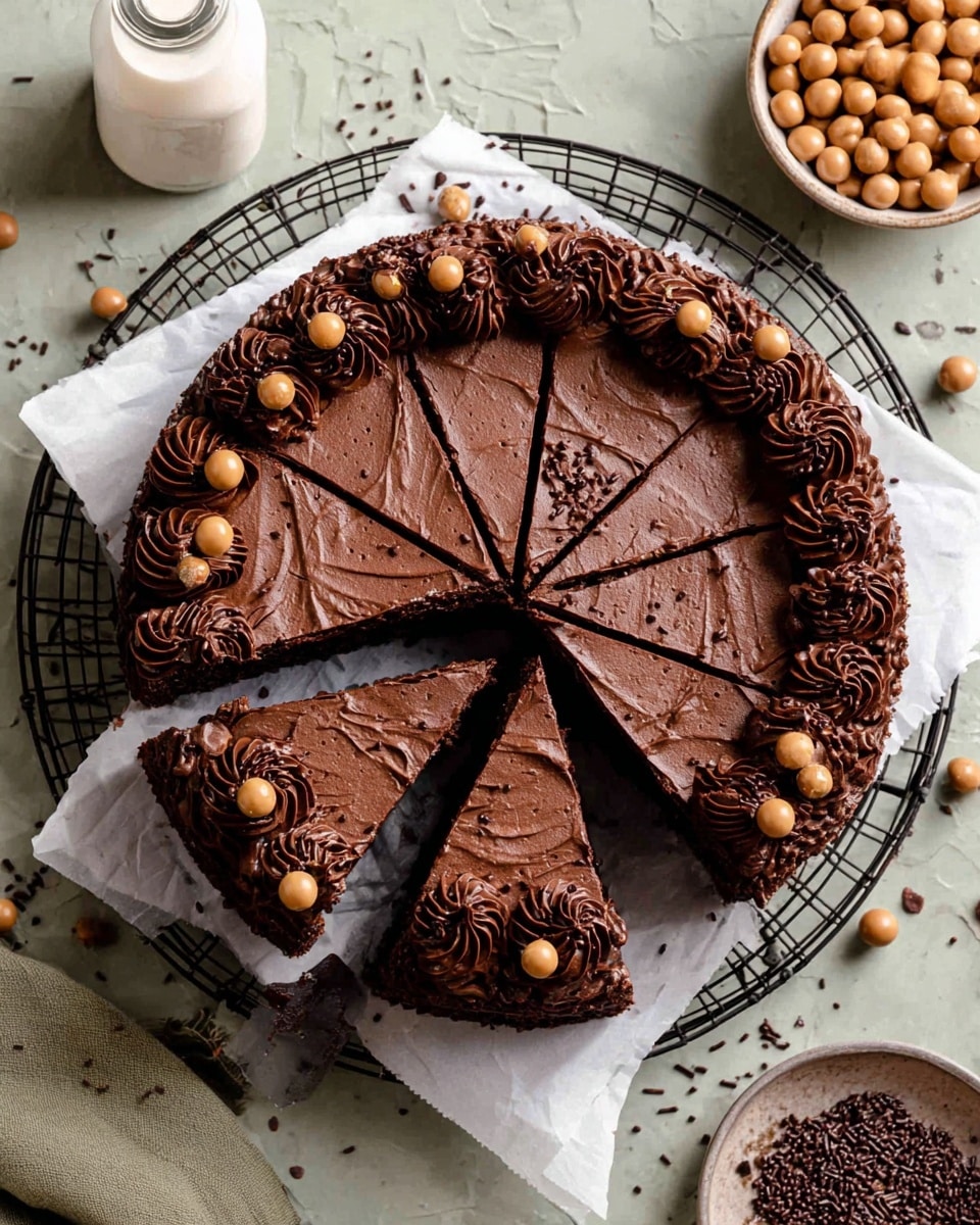 A round chocolate cake cut into eight slices sits on white parchment paper over a black cooling rack, placed on a white marbled surface. The cake has a rich, dark brown color with a smooth, slightly crinkled top layer and thick swirls of chocolate frosting piped evenly around the edge. Small round chocolate and caramel-colored balls, along with tiny dark chocolate sprinkles, decorate the frosting swirls and the center of the cake. One slice is slightly pulled out, showing the even texture of the cake inside. A bowl of more chocolate and caramel balls, a bottle of milk, and a round dish with chocolate sprinkles surround the cake on the surface, which adds a cozy, inviting feel. photo taken with an iphone --ar 4:5 --v 7