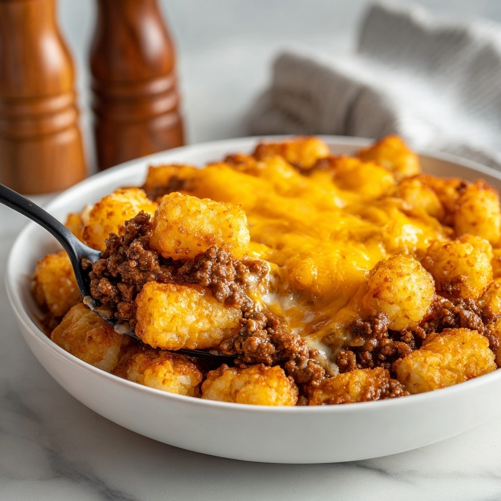 The dish is a layered casserole served on a white plate placed on a white marbled surface. It has three visible layers: the bottom layer is creamy and light-colored, possibly mashed potatoes or a similar base. The middle layer is rich ground beef mixed with a brown sauce, visible with a slightly crumbly texture. The top layer is bright melted cheddar cheese, golden and gooey, with small bits sprinkled with chopped fresh green herbs. A fork lifts a bite from the plate, showing all three layers held together. In the blurry background, there is a glass bowl filled with grated cheddar cheese and some fresh green herbs nearby. photo taken with an iphone --ar 4:5 --v 7