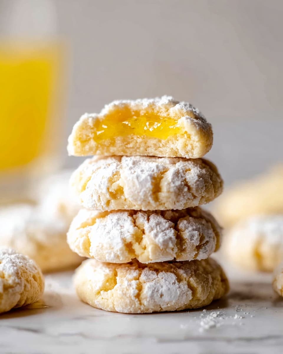 The image shows several round lemon cookies with crumbly light yellow edges covered in a light layer of white powdered sugar, each cookie has a shiny, smooth, bright yellow lemon curd filling in the center, all cookies are placed on a light brown parchment paper with one cookie in front partially bitten, revealing a soft texture inside. The background has a white marbled texture. photo taken with an iphone --ar 4:5 --v 7