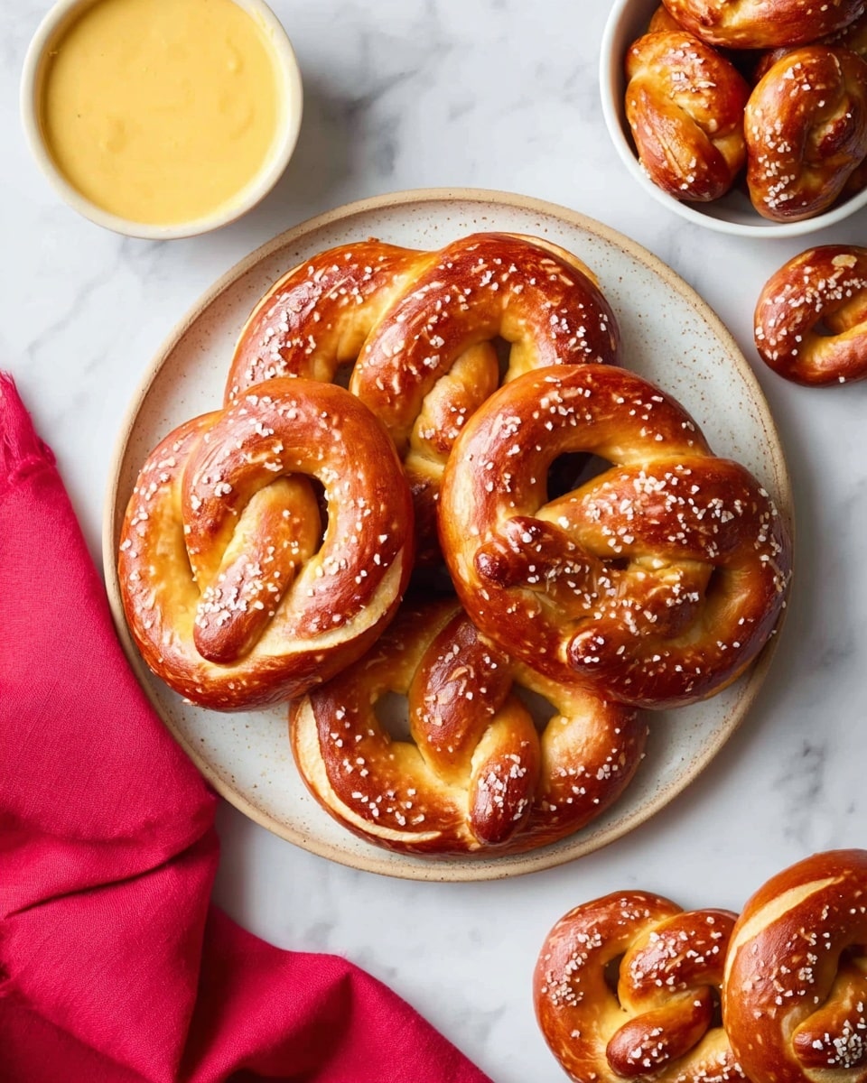 A white round plate filled with several soft brown pretzels, each topped with coarse salt, showing a shiny, smooth texture. Behind the plate, there is a small clear glass bowl of creamy yellow mustard-like dip on the left, and a white bowl filled with more pretzels on the right, both placed on a white marbled surface. A few pretzels lie scattered around the plate, some on the surface and one on a folded red cloth in the bottom right corner. The image is bright and crisp, focusing on the golden-brown colors and the coarse salt on the pretzels. photo taken with an iphone --ar 4:5 --v 7