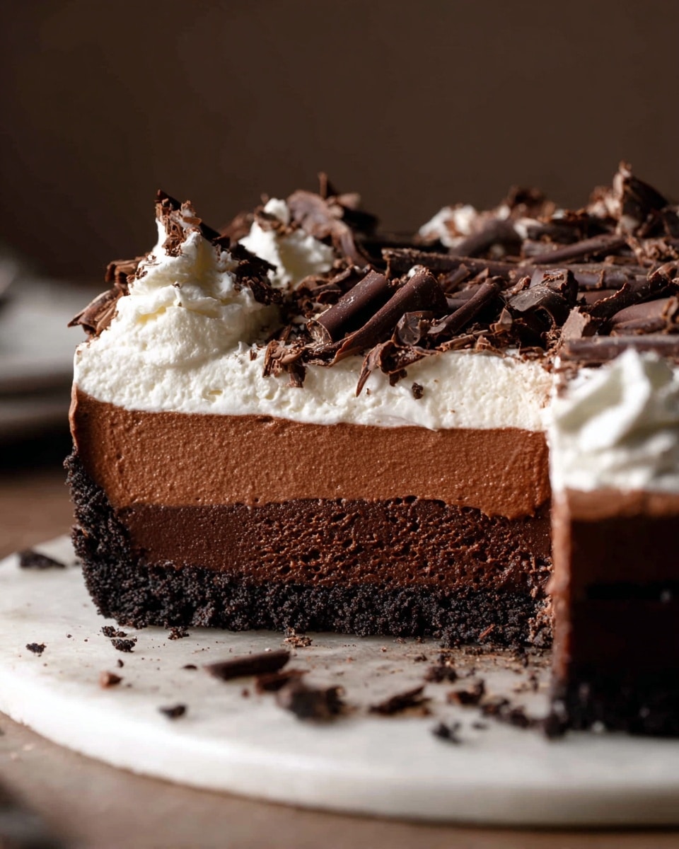 A close-up view of a rich chocolate mousse pie with four distinct layers, placed on a white marbled texture. The bottom layer is a dark, crumbly crust. Above it is a thick, smooth, dark brown mousse layer with a creamy texture. Next is a thinner, solid chocolate ganache layer in a darker shade of brown. The top layer is fluffy white whipped cream, generously covered with dark chocolate curls scattered unevenly. The pie is partially sliced, showing the textures clearly, with a spoonful of whipped cream and chocolate bits placed in front. Photo taken with an iphone --ar 4:5 --v 7