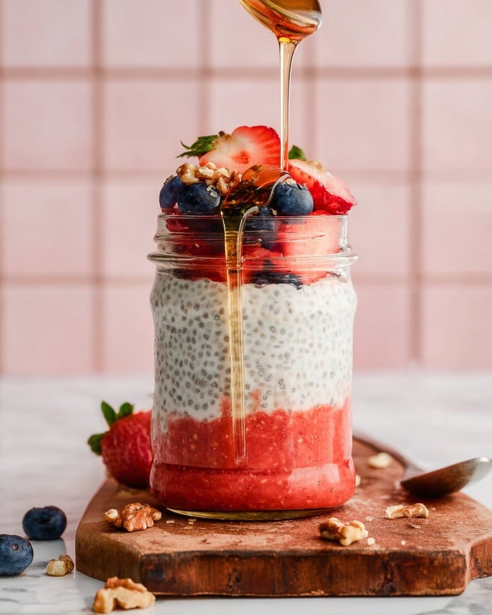 A clear glass jar contains three visible layers: the bottom layer is a bright red strawberry puree with a slightly chunky texture, the middle layer is a thick white chia seed pudding speckled with tiny black chia seeds, and the top layer is a mix of fresh berries including whole blueberries and halved strawberries, garnished with small pieces of walnuts. Golden honey is being poured gently over the top, dripping down the sides of the jar. The jar sits on a rustic wooden board placed on a white marbled surface, with a spoon resting beside it and scattered blueberries and walnut pieces nearby. The background is soft pink tiled. Photo taken with an iphone --ar 4:5 --v 7