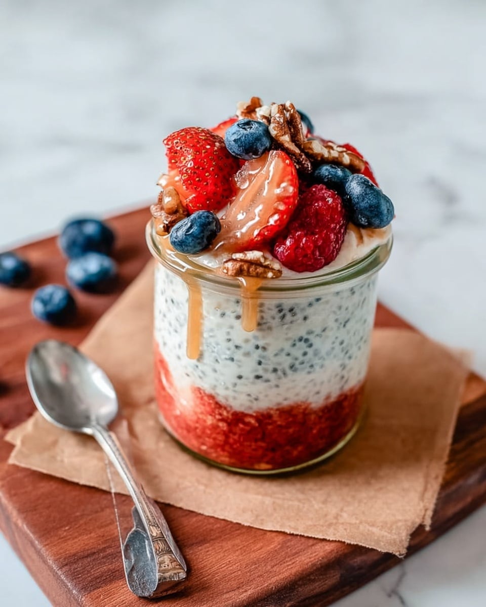 The image shows a clear glass jar placed on a piece of brown parchment paper on a wooden board, set on a white marbled surface. The jar contains three visible layers: a bottom layer of red crushed strawberries, a middle layer of creamy white chia pudding with black chia seeds, and a top layer of assorted fresh berries, including red strawberries, blue blueberries, and red raspberries. Some brown nuts are sprinkled on the top, and a golden brown syrup is drizzled over the berries and down the sides of the jar. A silver spoon is placed to the left of the jar, and some extra blueberries are scattered on the white marbled surface nearby. Photo taken with an iphone --ar 4:5 --v 7