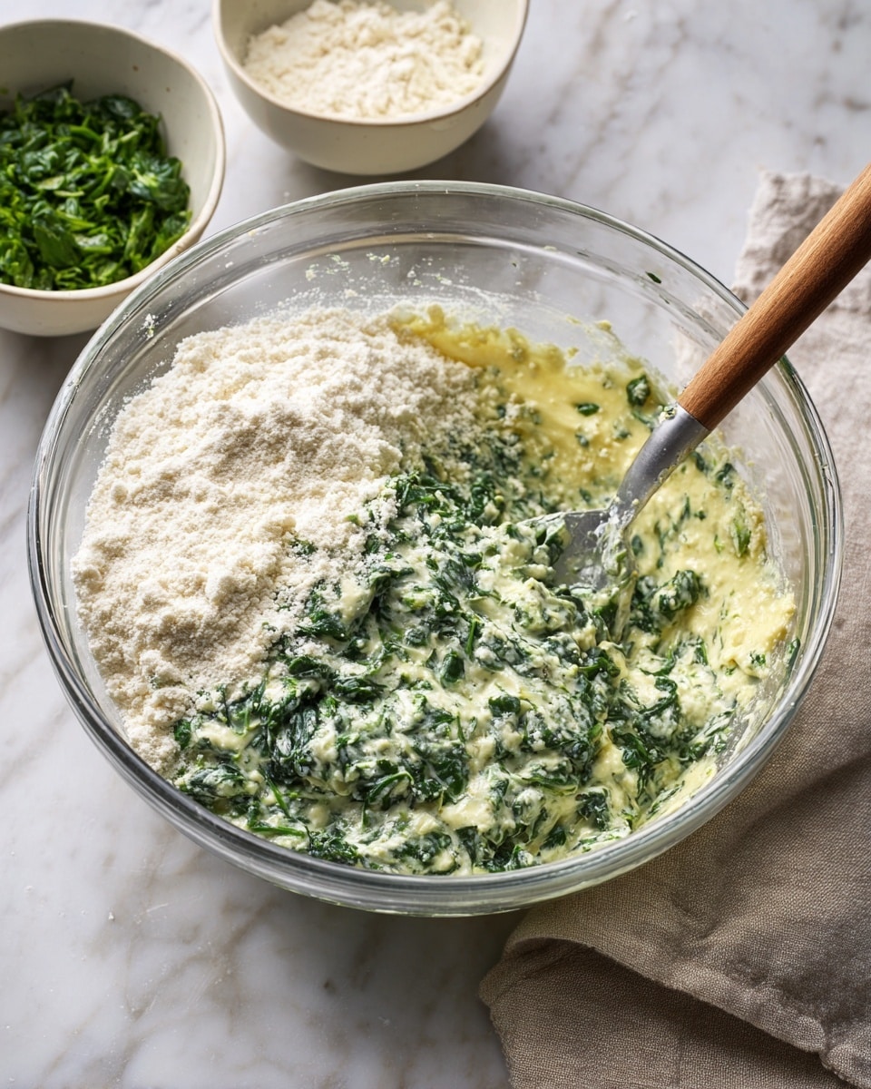 The image shows four round, golden-brown flatbreads stacked on a white plate, each featuring a thick layer with a bubbly, slightly charred texture. The flatbreads are speckled with dark green spinach pieces embedded in the creamy, melted cheese covering the top layer, creating a mix of white, light yellow, and green colors. The edges appear soft and slightly puffed, contrasting with the richly colored top. In the background is a white bowl filled with fresh green spinach leaves, all set on a white marbled texture. photo taken with an iphone --ar 4:5 --v 7