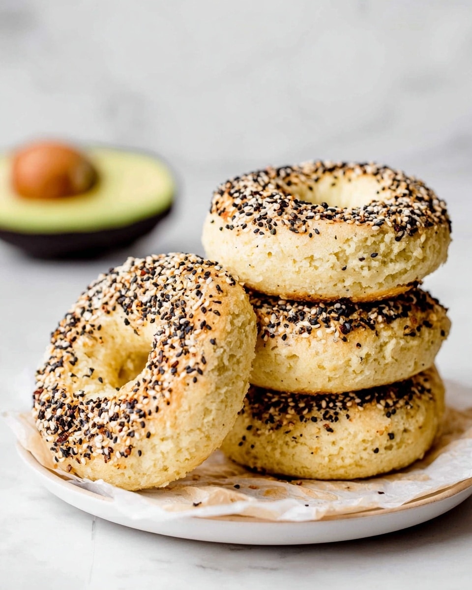 A sandwich made with a sesame seed bagel that is golden brown and topped with black and white sesame seeds; the sandwich has three visible layers inside: a base layer of white spread, a middle layer of green avocado slices, and a top layer of leafy green sprouts that peek out from under the top bagel half. The sandwich sits on a white marble slab with some loose sprouts and sesame seeds around it, and behind it is another sandwich on a white plate and a cut avocado. photo taken with an iphone --ar 4:5 --v 7