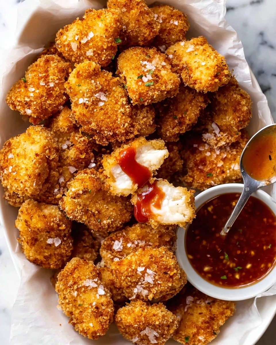 A white rectangular dish lined with white parchment paper holds about fifteen golden-brown, crispy chicken nuggets, each piece coated in a crunchy breading sprinkled lightly with coarse salt. One nugget is broken open near the center, revealing the white, tender chicken inside. Two small white bowls sit near the nuggets, one filled with bright red ketchup and the other with a slightly translucent, reddish-orange dipping sauce, with a spoon resting partially inside the second bowl. Around the dish on the white marbled surface are a few scattered crispy fries and dollops of ketchup. The scene feels casual and inviting, photo taken with an iphone --ar 4:5 --v 7