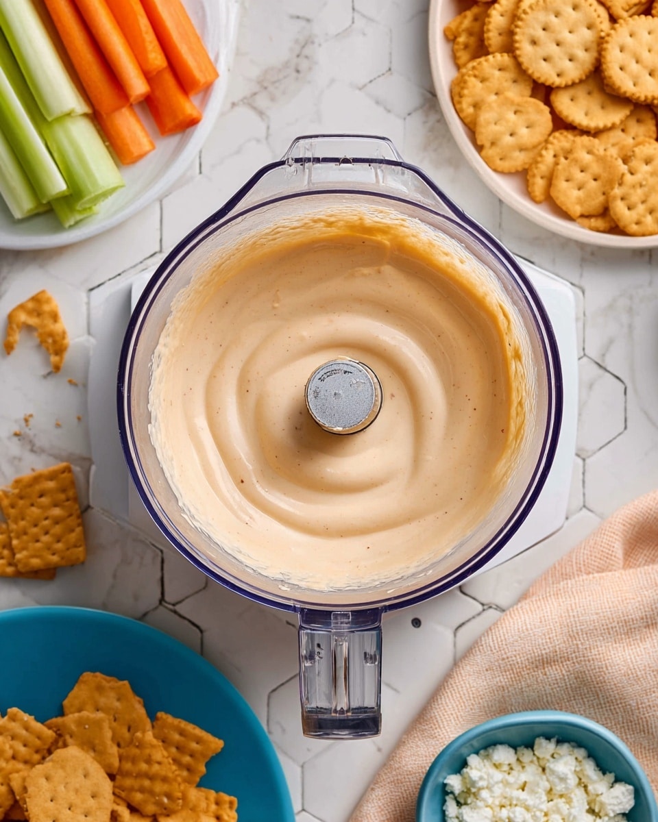 A white rectangular ceramic baking dish filled with a baked dip that has a smooth, creamy orange-yellow top layer with streaks of reddish sauce swirled through it. The dip is sprinkled with small white cheese crumbles and bright green chopped scallions scattered evenly across the top. Two triangular sesame crack chips rest on the surface near the top and center edges. The dish sits on a white marbled surface surrounded by a white bowl with bright green celery and orange carrot sticks, a blue bowl with more crackers, and a small blue bowl of white cheese crumbles. photo taken with an iphone --ar 4:5 --v 7