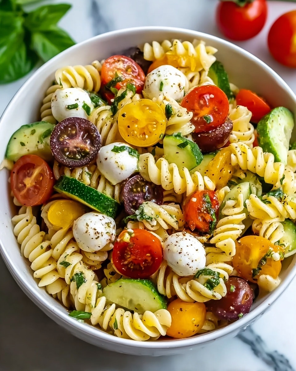 A white bowl filled with a colorful pasta salad showing one main layer of twisted rotini pasta with a light yellow color. Scattered on top are bright red, yellow, and deep purple cherry tomatoes cut in halves, small white mozzarella balls, and chunks of fresh green cucumber with smooth skin. The salad is sprinkled lightly with black pepper and small green herb pieces. The bowl sits on a white marbled surface with some blurred red tomatoes and green leaves in the background, giving a fresh and vibrant look. Photo taken with an iphone --ar 4:5 --v 7