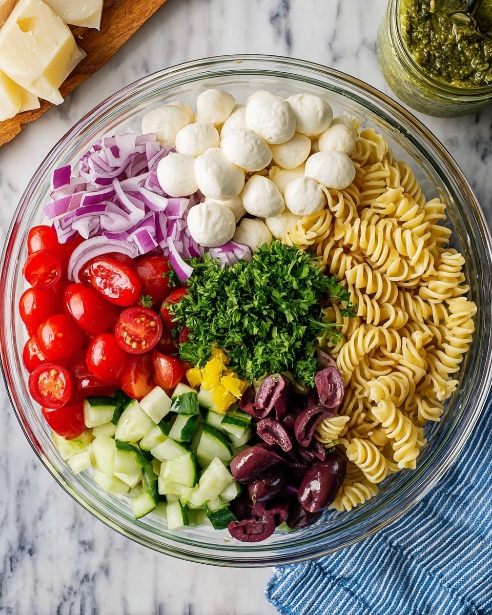 A clear glass bowl holding seven different layers arranged in sections without mixing: cooked spiral pasta with a light beige color on the top right, small white mozzarella balls arranged in a pile below it, bright red halved cherry tomatoes beside the mozzarella, light green diced cucumber pieces below the tomatoes, thin purple onion slices next to the cucumber, dark purple sliced olives above the onion, and chopped dark green parsley on top center between the pasta and olives, with some small yellow pepper pieces near the parsley; the bowl sits on a white marbled surface with a blue and white striped cloth nearby, and a jar of greenish pesto sauce in the background. Photo taken with an iphone --ar 4:5 --v 7