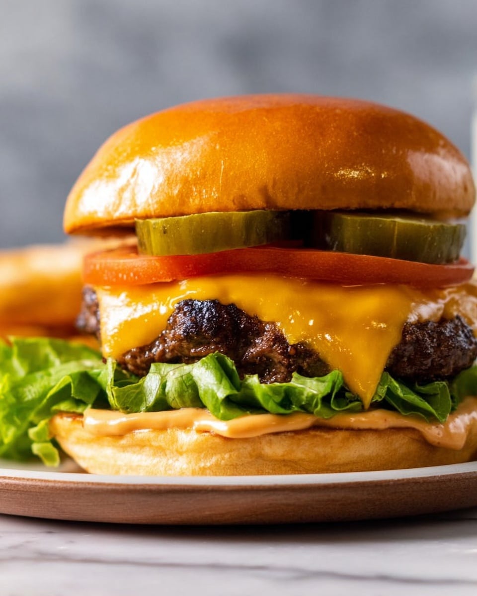 A close-up of a cheeseburger on a white plate with a white marbled surface beneath. The burger has four main layers: a shiny golden brown bun on top, two green pickle slices just under the bun, a thick grilled beef patty covered with melted orange cheddar cheese in the middle, and fresh green lettuce along with a slice of bright red tomato sitting above the soft bottom bun. Next to the burger, there are golden crisp fries on the plate, and in the blurred background, another similar burger and a transparent glass of beer can be seen. Photo taken with an iphone --ar 4:5 --v 7