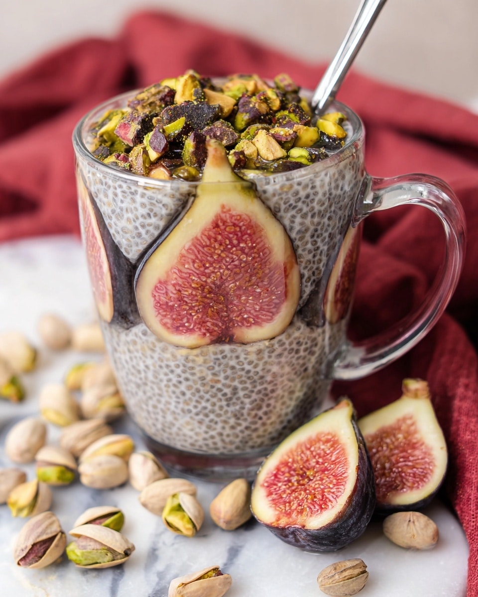 The image shows a clear glass cup filled with a layered chia pudding. The bottom layer has a light brown chia seed mixture topped with a thick layer of white cream. On the cream are scattered black sesame seeds and crushed green pistachios with hints of purple. The inside walls of the glass have fig slices pressed against them, showing their orange-pink flesh with seeds. Around the glass, on a white marbled surface, are whole dark purple figs, some chopped pistachios, and a white bowl filled with more pistachios. A silver spoon is inside the glass on the right side. The scene has a bright, soft look with a coral cloth partly visible on the left. photo taken with an iphone --ar 4:5 --v 7