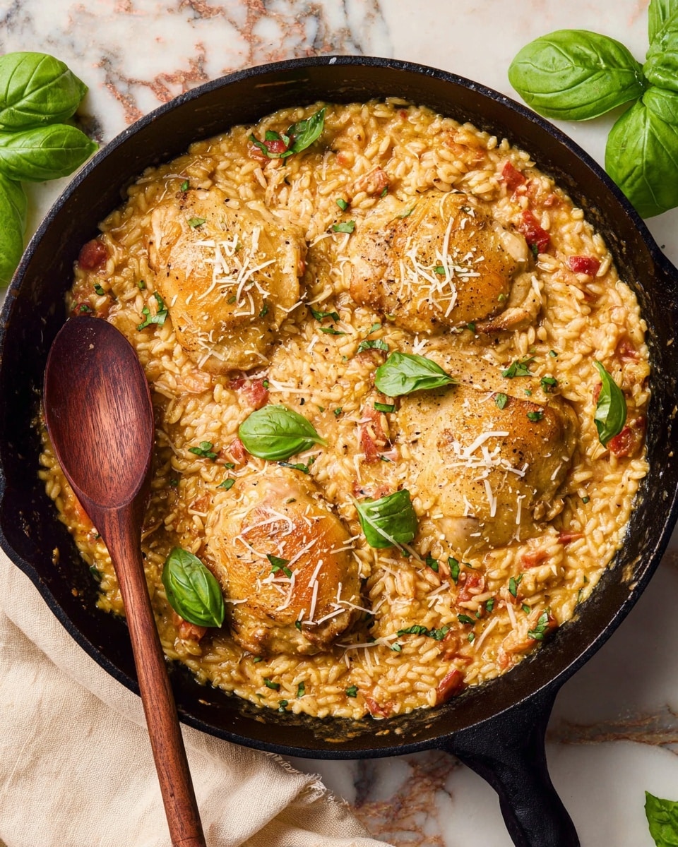 Two white bowls with dark green rims hold a creamy orzo pasta dish, each with two golden-brown cooked chicken thighs placed on top of a thick layer of orzo mixed with small pieces of tomato. The orzo is light yellow with a smooth, creamy texture and is sprinkled lightly with grated cheese. Bright green fresh basil leaves are scattered across the top, adding a pop of fresh color. The bowls sit on a white marbled surface with a beige cloth napkin and cutlery in the foreground, a wooden cutting board with a knife and tomato in the background, and fresh basil leaves to the side. Photo taken with an iphone --ar 4:5 --v 7