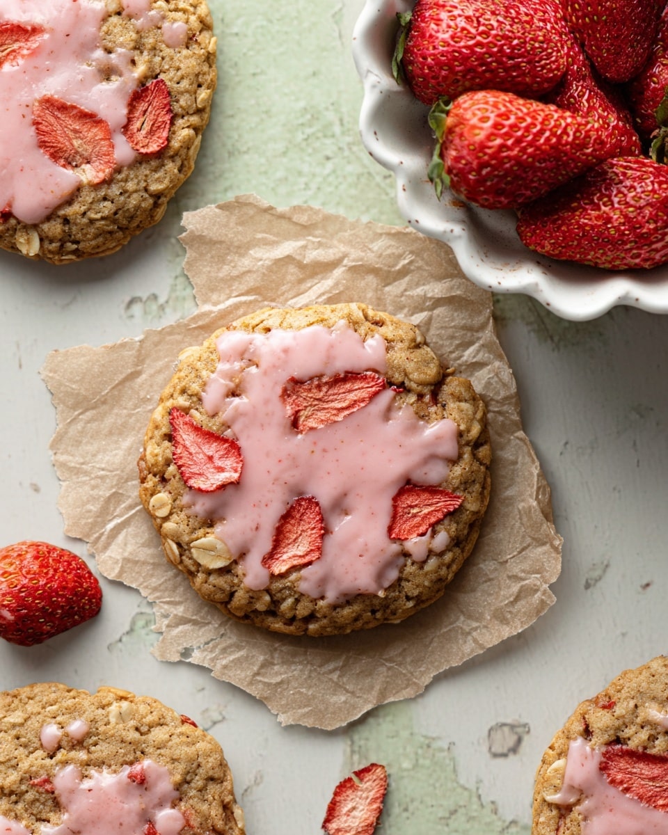 The image shows soft oatmeal cookies with a light pink glaze drizzled on top, some of which are whole and one cookie is broken in half to display its moist, textured inside filled with small bits of oats and strawberry pieces. The cookies have a golden-brown color with a slightly rough, crumbly surface. They rest on white parchment paper placed on a white marbled surface, surrounded by fresh red strawberries and a few slices of dried strawberries, adding bright red contrast to the scene. Photo taken with an iphone --ar 4:5 --v 7
