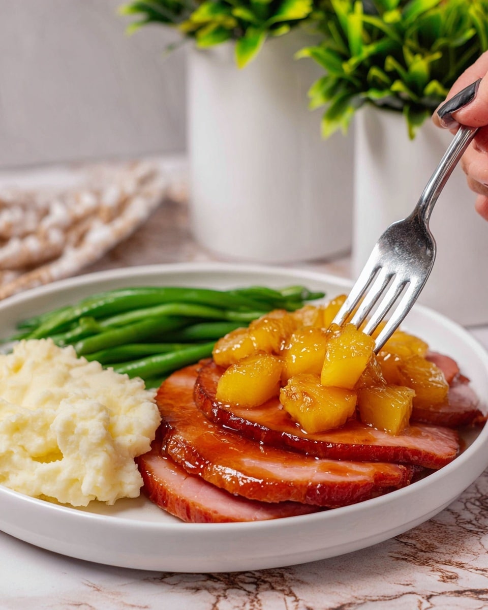 The image shows a white plate on a white marbled surface filled with three main parts: a stack of four slices of glazed ham layered side by side across the plate, topped with small bright yellow pineapple chunks coated in a shiny glaze, a portion of soft, creamy mashed potatoes in a rough, uneven texture on the left, and a serving of fresh green beans that are smooth and glossy arranged in a neat pile at the top. A silver fork held by a woman's hand is picking up a pineapple chunk from the ham. In the soft background, white pots with green plant leaves add a fresh touch. photo taken with an iphone --ar 4:5 --v 7
