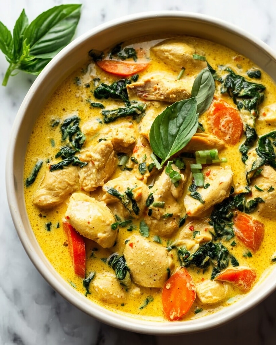 A round, white bowl filled with a creamy yellow curry soup, containing several tender pieces of light brown chicken arranged unevenly throughout. There are bright orange carrot slices and dark green leafy spinach spread inside the curry. On top of the dish, fresh green basil leaves and small pieces of chopped herbs add color and texture. The bowl sits on a white marbled surface with a small bunch of green basil visible on the side. The curry looks thick and smooth with a few small bubbles and light specks of seasoning, photo taken with an iphone --ar 4:5 --v 7