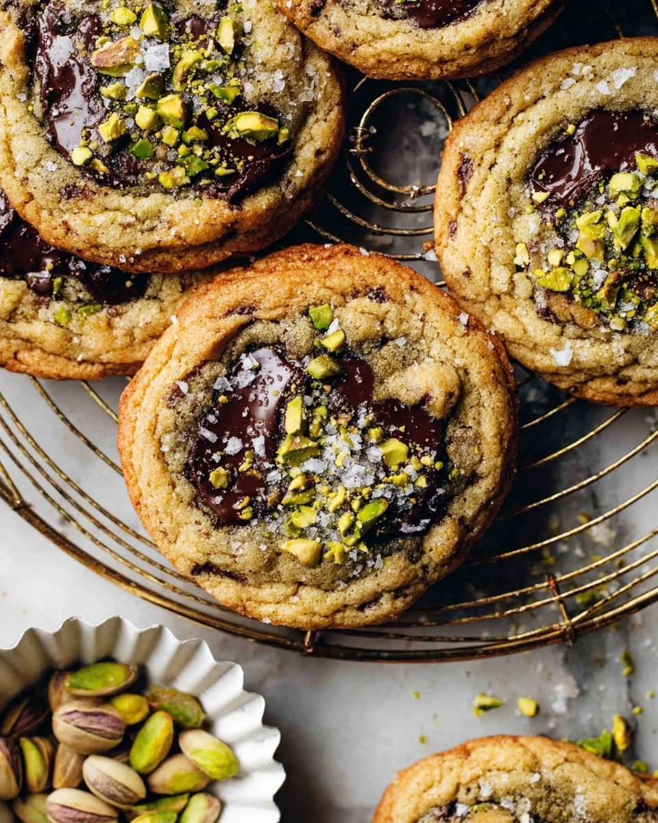 The image shows several round cookies with a golden-brown, slightly crispy outer layer and a soft, chewy texture inside. Each cookie is studded with dark chocolate chunks and bright green pieces of pistachio, creating a mix of rough and smooth surfaces. One cookie is broken in half, revealing a smooth, melted green center, contrasting with the crumbly cookie dough. Small flakes of sea salt are sprinkled on top for texture and shine. The cookies rest on a white marbled surface that adds a clean and bright look to the scene. photo taken with an iphone --ar 4:5 --v 7