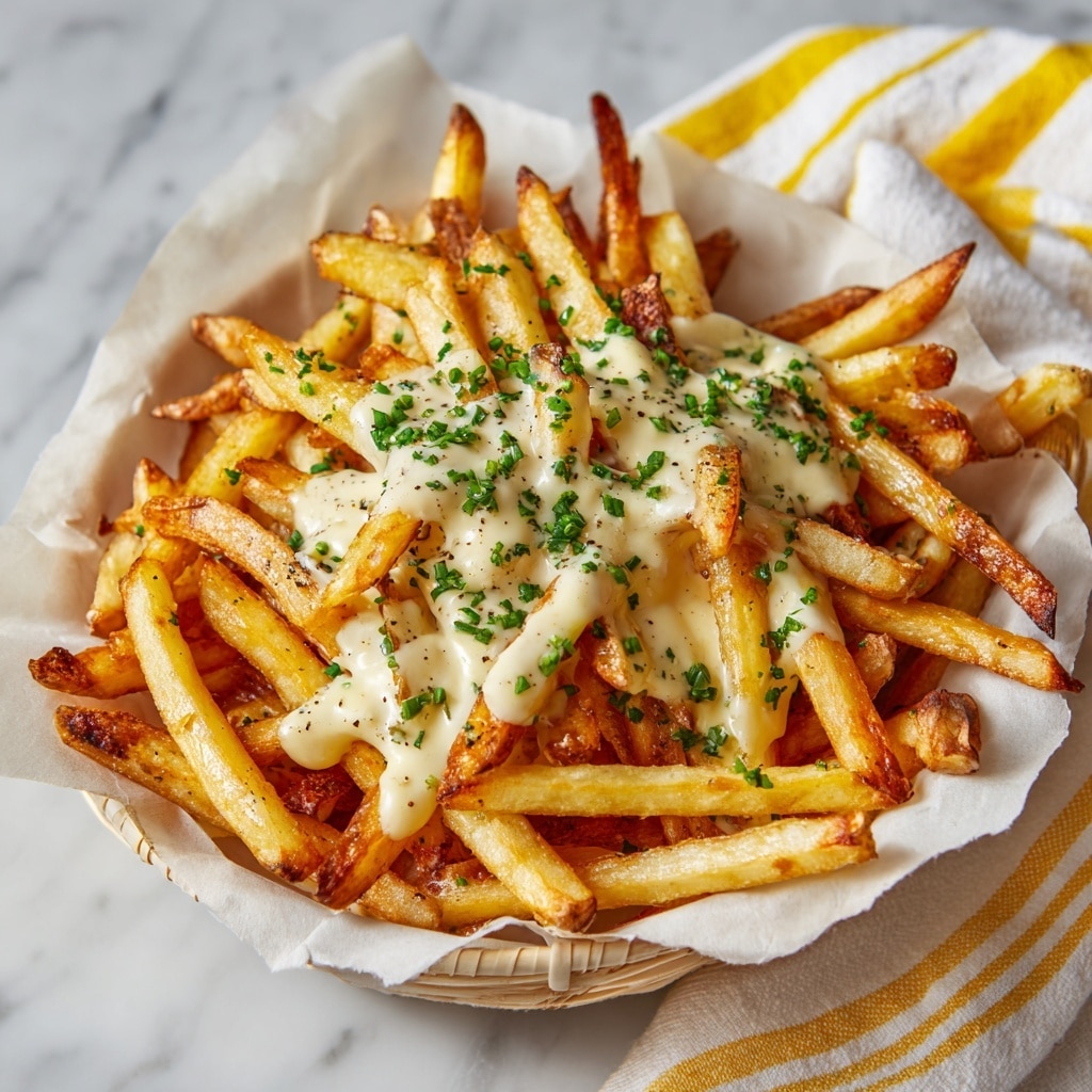 A white plate filled with a generous layer of golden French fries, some with slight browning and crisp edges. The fries are covered unevenly with a creamy off-white cheese sauce, creating smooth, shiny patches that cling to the fries. Sprinkled on top are small green herb flakes and a dusting of dark brown spices, adding visual contrast. The plate is placed on a white marbled surface, showing part of a yellow and white cloth at the edge. The background is softly blurred, emphasizing the warm colors and textures of the fries and sauce. photo taken with an iphone --ar 4:5 --v 7