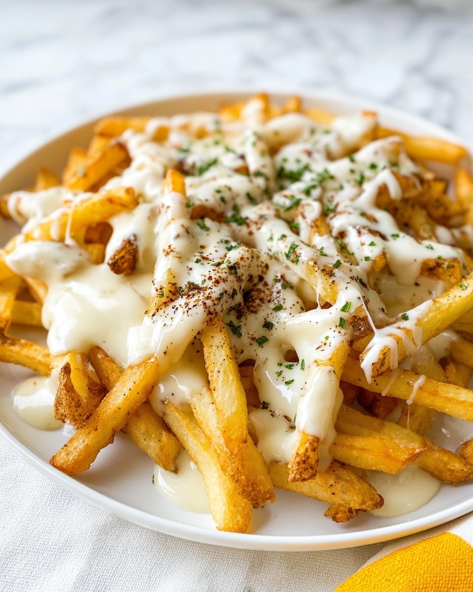 A white basket lined with light beige parchment paper holds a pile of golden-brown French fries that are crispy with some darker edges. The fries are topped with a creamy light beige sauce that drips over them unevenly and sprinkled with small bits of green herbs and black pepper. The basket sits on a white marbled surface with a dish towel featuring yellow and white stripes partially visible to the upper right. photo taken with an iphone --ar 4:5 --v 7