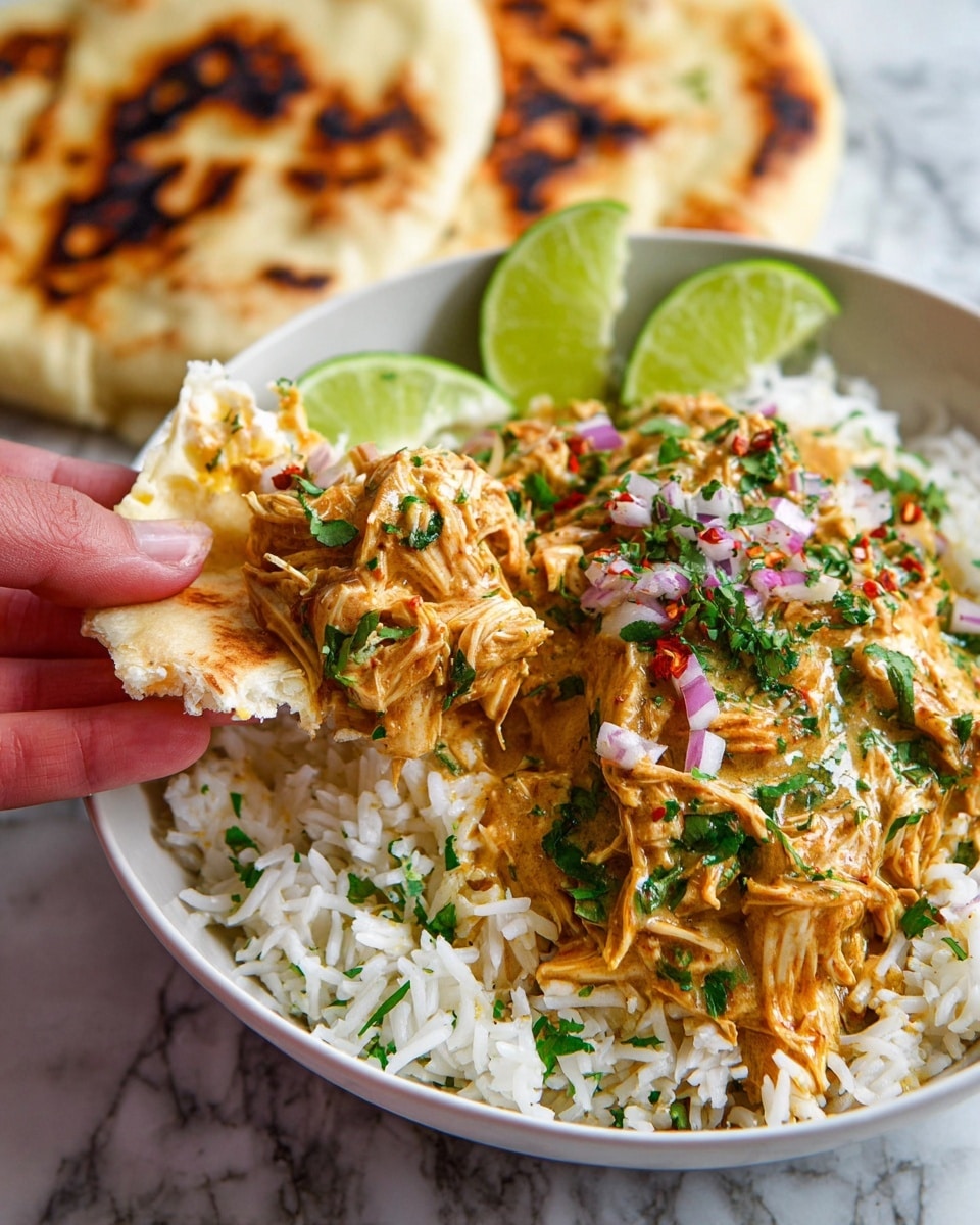 A white bowl filled with two main layers: on one side, a cream-colored shredded chicken mixture with green herbs and small purple onion pieces mixed in a thick light brown sauce, and on the other side, a layer of white fluffy rice topped with green herbs and small red flakes. Two lime wedges rest against the bowl’s edge. A white piece of grilled flatbread with brown char marks lies behind the bowl. In the foreground, a woman's hand holds a torn piece of the same flatbread topped with some shredded chicken mixture. The background shows a white marbled textured surface. Photo taken with an iphone --ar 4:5 --v 7