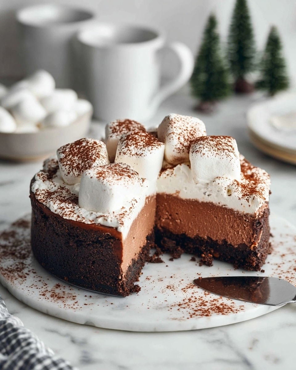A slice of three-layer dessert stands on a white plate with a speckled surface, placed on a white marbled texture. The bottom layer is dark and crumbly, almost black, acting as a crust. The middle layer is thick and smooth with a rich chocolate brown color and a soft, mousse-like texture. The top layer is a thick, creamy white topping, slightly melting at the edges. On top of this creamy layer and beside the slice are two large white marshmallows dusted with a fine reddish-brown cocoa powder. There is a silver fork resting on the plate near the slice, and more cocoa powder is lightly sprinkled on the plate around the dessert. photo taken with an iphone --ar 4:5 --v 7