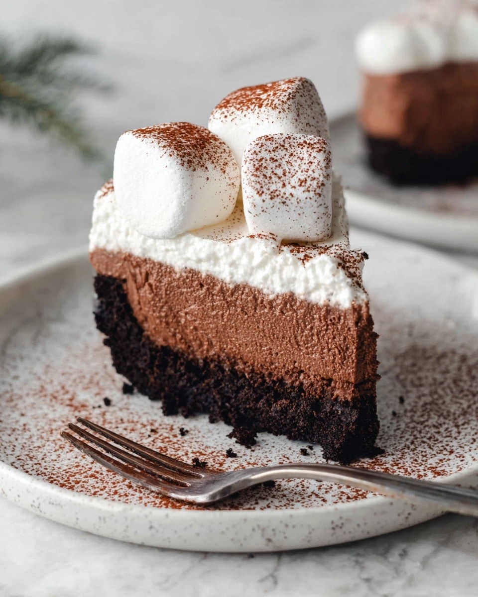 A round chocolate cheesecake with three visually clear layers sits on a white marbled surface. The bottom layer is a dark, crumbly crust that looks dense and tightly packed. The middle layer is a smooth, rich chocolate filling with a soft and creamy texture. The top layer is a thick, white whipped cream spread evenly, creating a smooth surface. On top of the cream, there are several large, white marshmallows dusted with cocoa powder, with some cocoa powder also sprinkled around the cake on the marbled surface. A metal cake server rests next to the cheesecake, and part of the cake is cut out, showing the layers clearly. In the blurry background are two white mugs and a white plate with more marshmallows, along with small green trees. photo taken with an iphone --ar 4:5 --v 7