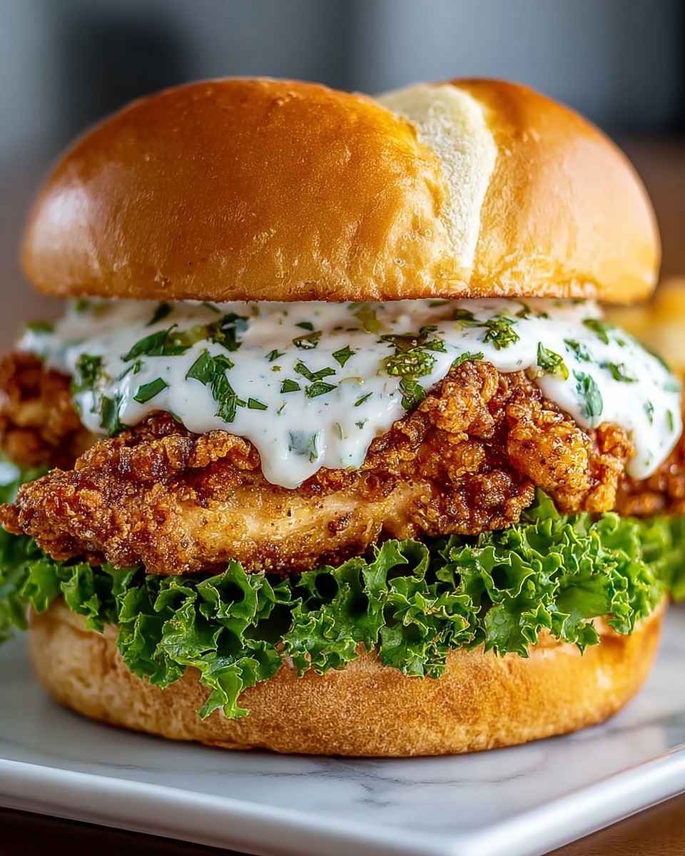 A crispy fried chicken sandwich is shown close up on a white plate, placed on a white marbled surface. The sandwich has four visible layers: a soft golden brown bun on top with a shiny crust, a thick layer of white creamy sauce with green herbs sprinkled on it, a crispy golden fried chicken piece with a rough texture, and fresh, bright green curly lettuce leaves at the bottom above the bottom half of the bun which is slightly toasted with a soft texture. Photo taken with an iphone --ar 4:5 --v 7