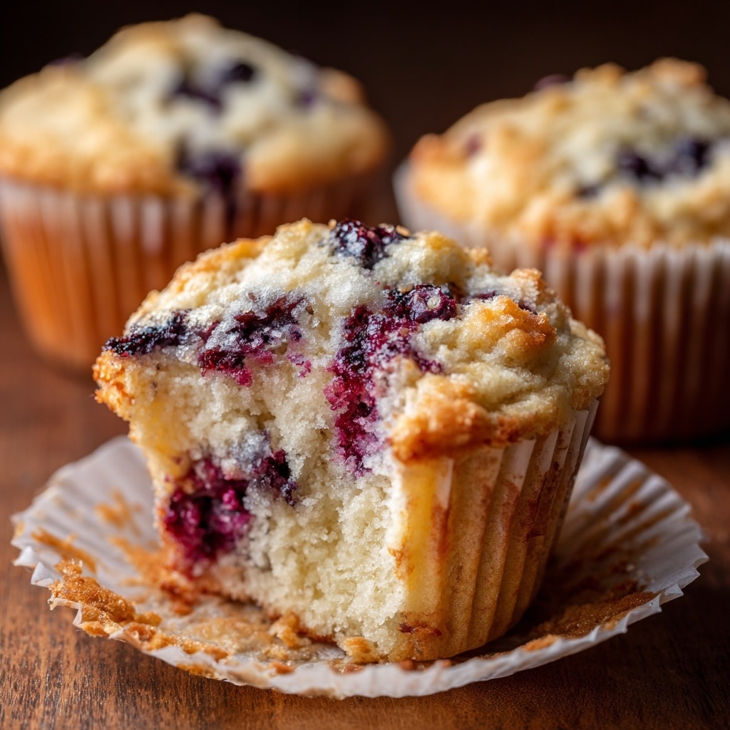 The image shows a close-up of a single muffin with a rough, golden-brown textured top and a soft, crumbly inside, packed with small dark berries spread through the cream-colored dough. The muffin is half eaten, revealing a fluffy interior with moist, uneven crumb layers and dark berry spots. It sits on a white muffin paper liner that is slightly wrinkled and placed on a wooden surface with two whole muffins out of focus in the background. photo taken with an iphone --ar 4:5 --v 7