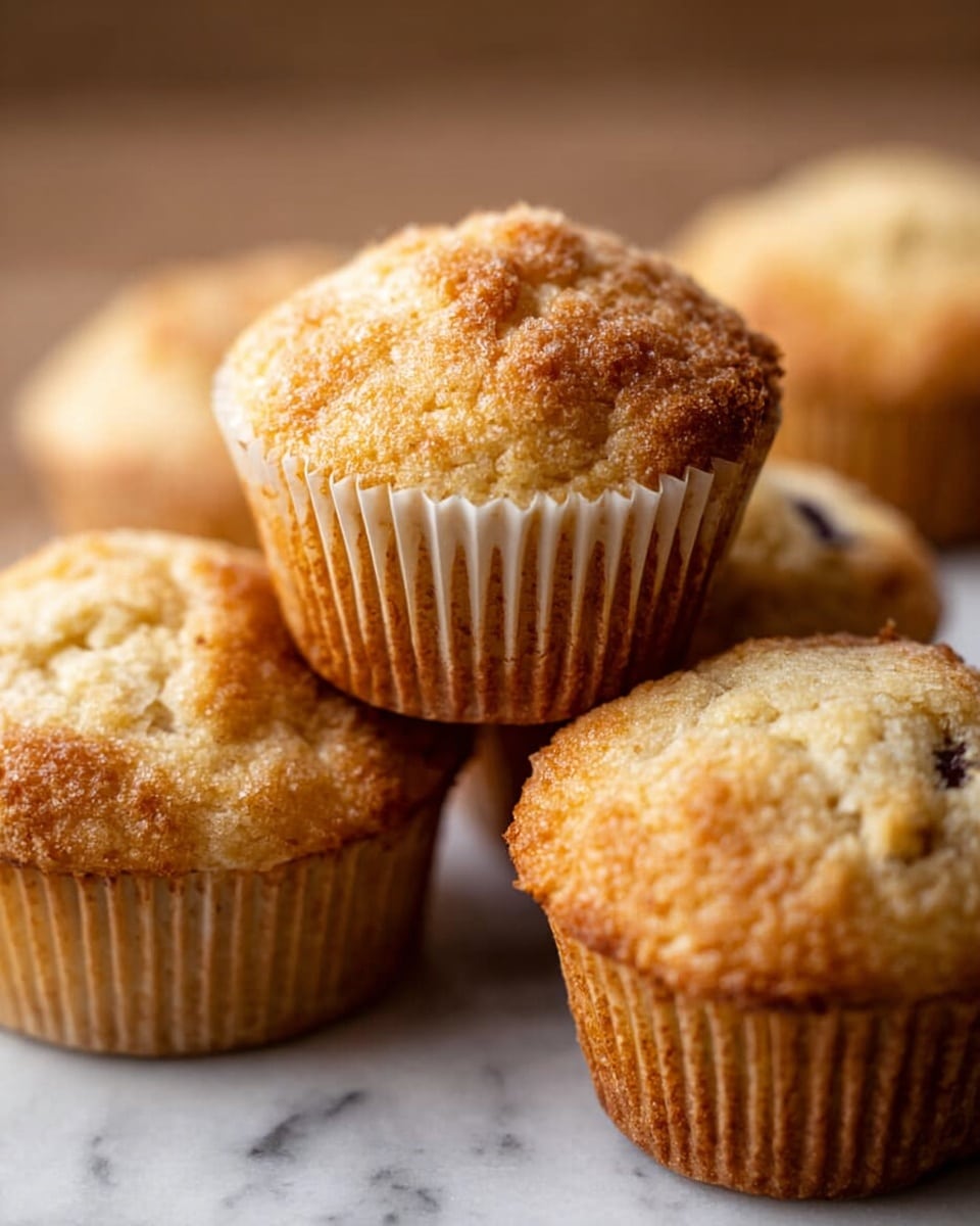 The image shows a close-up of five golden brown muffins with slightly cracked tops, displaying a soft, crumbly texture. Each muffin is wrapped in a light white paper liner with vertical ridges visible around the sides. The muffins are arranged closely together on a white marbled surface, with one muffin prominently raised above the others, showing its full golden top and textured sides. The overall color palette is warm and inviting, with the muffins' browned edges contrasting softly with their lighter centers. Photo taken with an iphone --ar 4:5 --v 7