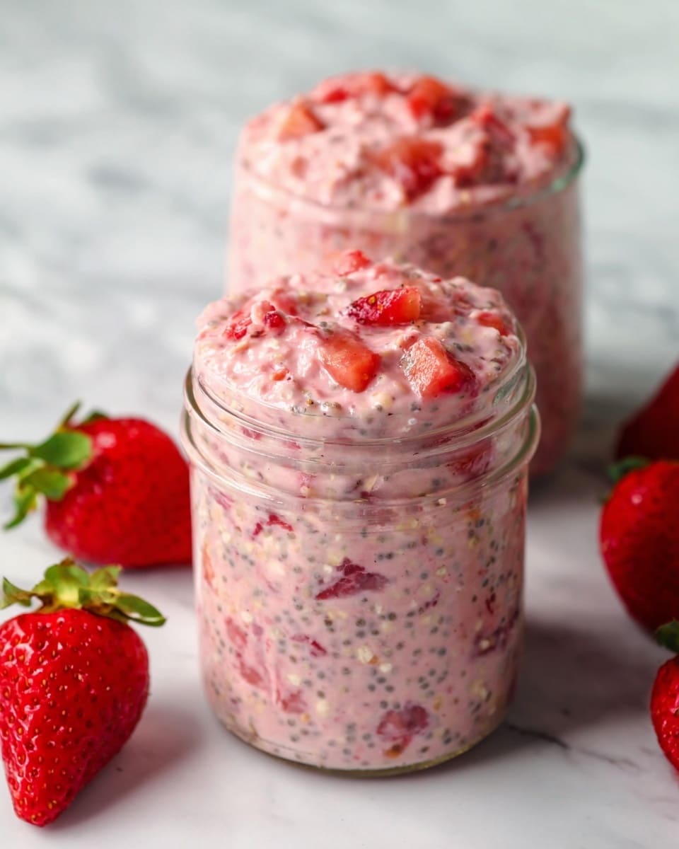 A close-up image shows a spoon lifting a thick, creamy mixture with a pink tone, filled with small oat pieces and visible chunks of red strawberry. Below the spoon, a glass jar is filled with the same mixture, showing slightly different layers of pink and red from the fruit. Around the jar, there are whole red strawberries with green leaves, all placed on a white marbled surface. The texture looks soft and creamy with bits of oats and strawberry throughout. photo taken with an iphone --ar 4:5 --v 7