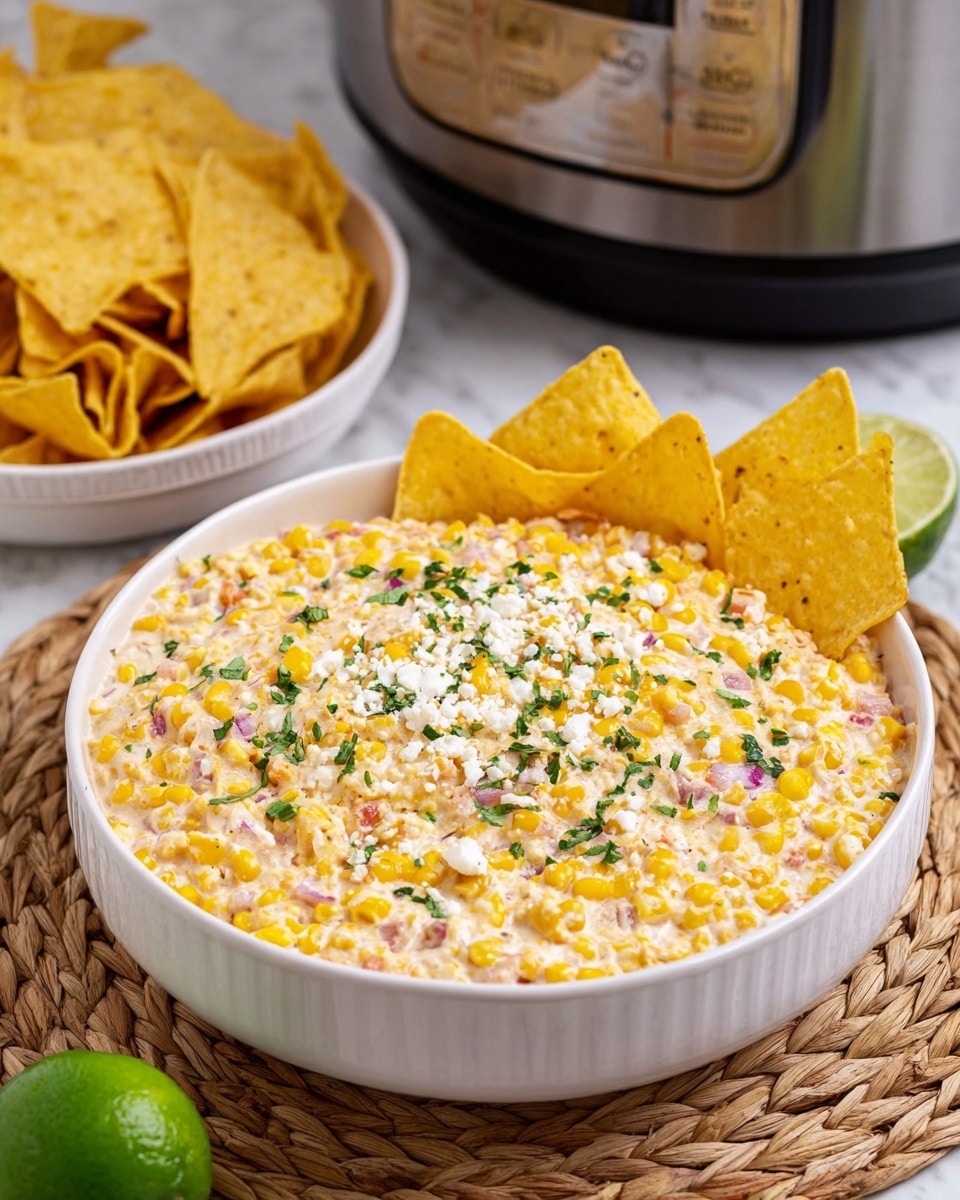 The image shows a creamy corn dish inside a black slow cooker. The dish has a thick, rich texture, made mainly of yellow corn kernels mixed with a pale, creamy sauce. There are small pieces of green herbs and tiny bits of red onion scattered throughout, adding color contrast. A wooden spoon lifts a scoopful of the creamy corn mixture from the cooker, showing its chunky texture with visible kernels and herbs. The background features a white marbled texture with a hint of green leaves blurred behind, giving a fresh feeling. photo taken with an iphone --ar 4:5 --v 7