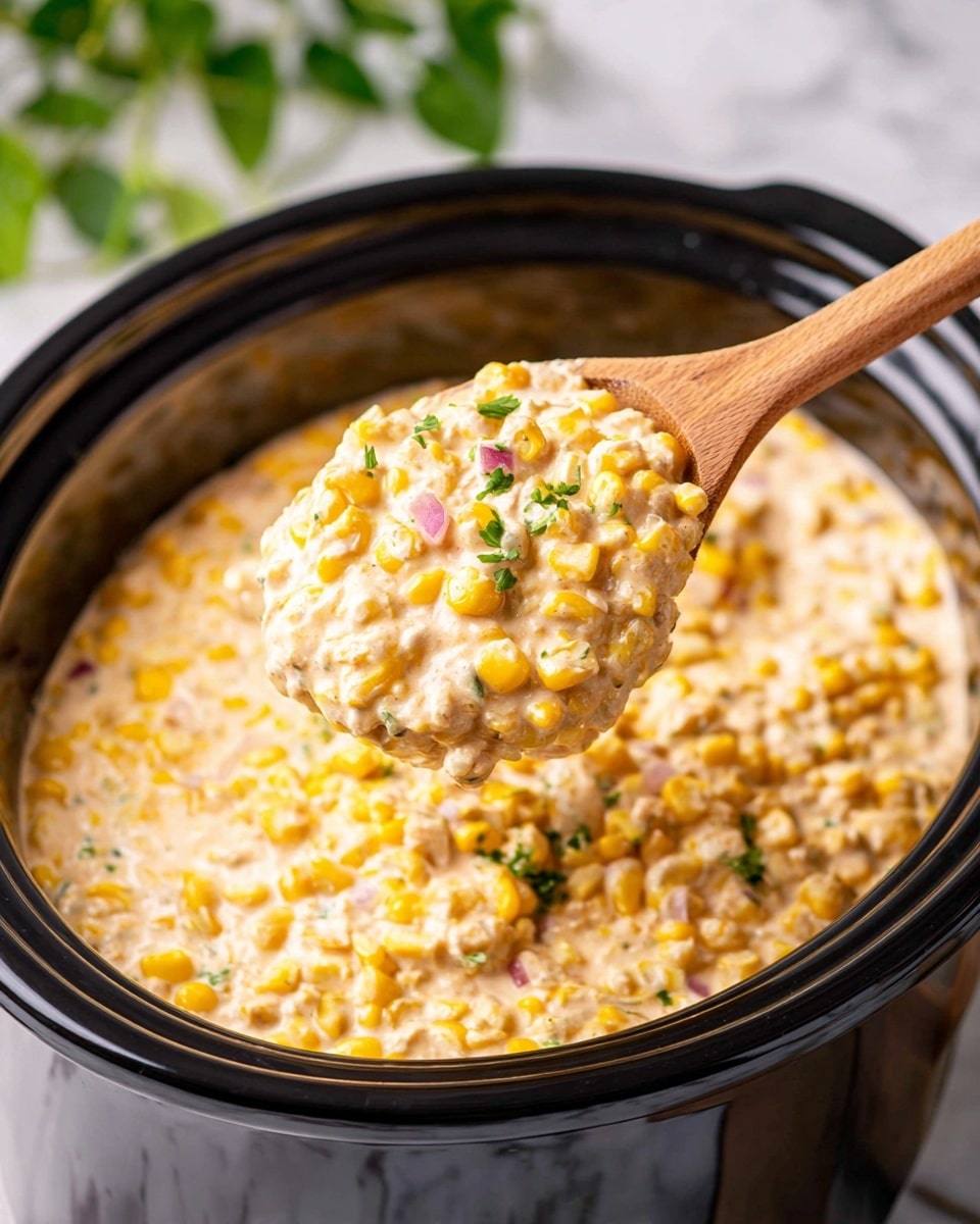 A white bowl filled with creamy corn dip, showing visible yellow corn kernels mixed with cream and small bits of red onion and green herbs evenly spread throughout. The dip is topped with a light sprinkle of crumbled white cheese and chopped green herbs. Around the edge of the bowl, a few yellow, slightly curved tortilla chips are placed partially inside the dip. Next to this bowl, there is another white bowl filled with more of the same yellow tortilla chips piled high. The setting includes a woven placemat underneath and a stainless steel crockpot in the background reflecting the scene. A cut lime is placed at the front bottom corner on a white marbled surface. photo taken with an iphone --ar 4:5 --v 7