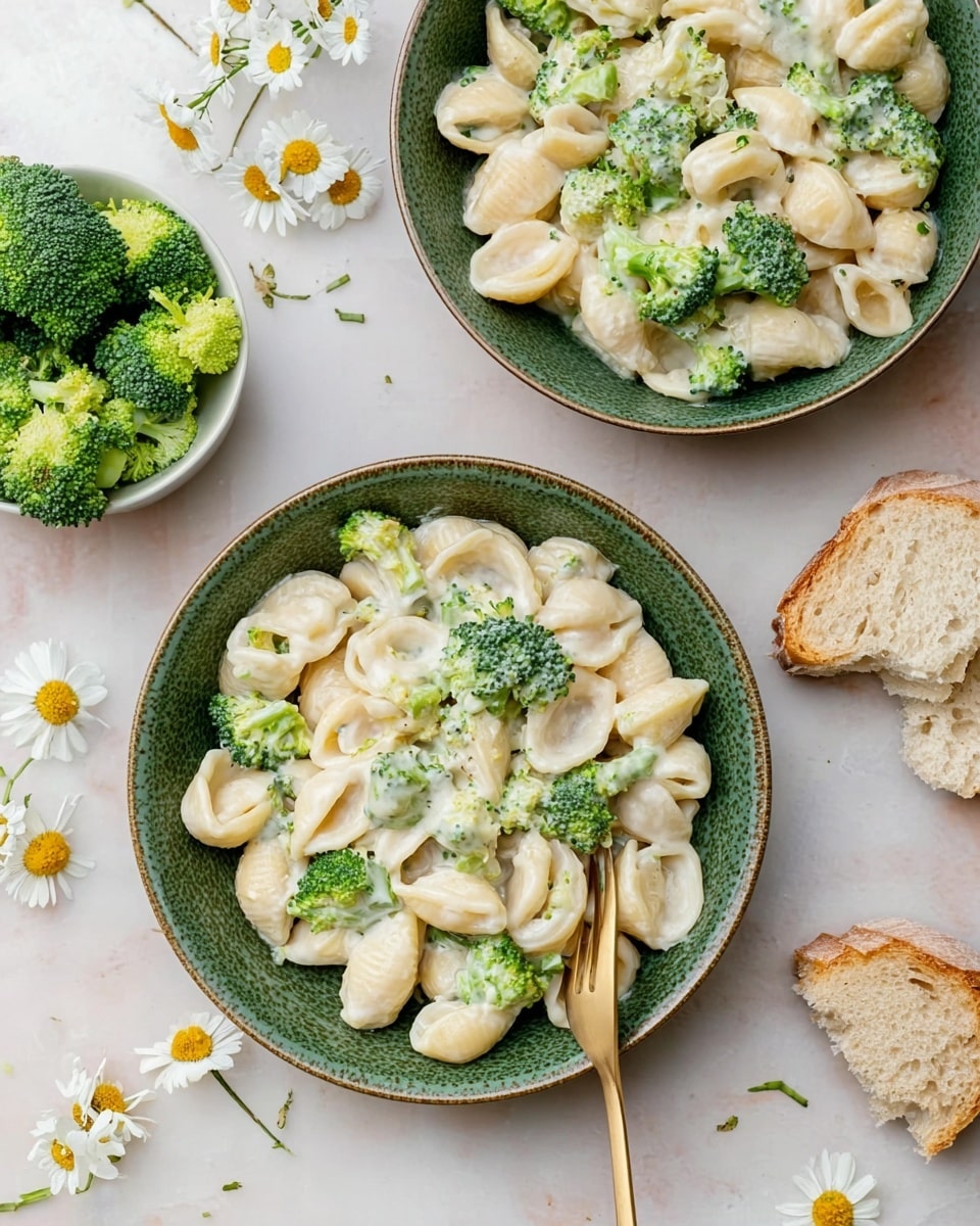 A close-up of a round white plate filled with creamy white sauce pasta shells mixed with bright green broccoli florets evenly coated in the sauce, creating a smooth texture on the broccoli and pasta layers. A gold fork rests inside the plate on the right side, adding contrast to the colors. The plate sits on a white marbled surface with small white and yellow daisy flowers scattered around, enhancing the fresh and light look of the dish. photo taken with an iphone --ar 4:5 --v 7