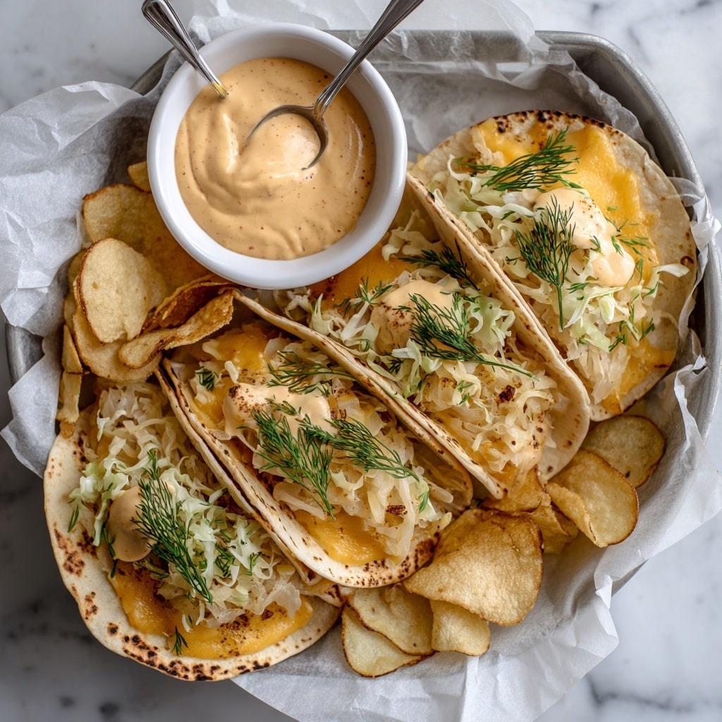 A metal tray lined with white parchment paper holds four soft flour tortillas, each filled with several layers starting with melted orange cheese at the base, followed by chunks of reddish cooked meat, melted white cheese on top, and garnished with shredded pale yellow cabbage and small green dill sprigs. On the right side of the tray, a white small bowl is filled with a light orange creamy sauce. Scattered around the tray are light yellow to golden potato chips. The tray rests on a white marbled textured surface. Photo taken with an iphone --ar 4:5 --v 7