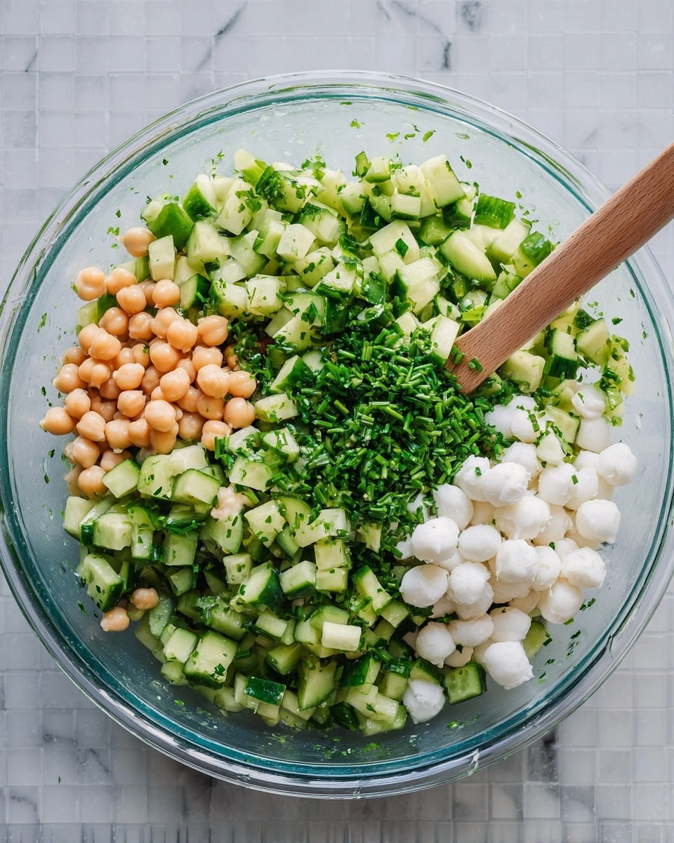 A close-up view of a bowl filled with a fresh salad made of three main layers: the base layer is light green chopped cucumber pieces with a firm texture, the second layer is creamy white small mozzarella cheese balls scattered evenly, and the top layer is light orange chickpeas spread throughout. The salad is mixed with small bits of herbs and black pepper, giving it a speckled look. A silver spoon rests inside the bowl, ready to serve. The bowl is white and round, placed on a white marbled surface. Photo taken with an iphone --ar 4:5 --v 7
