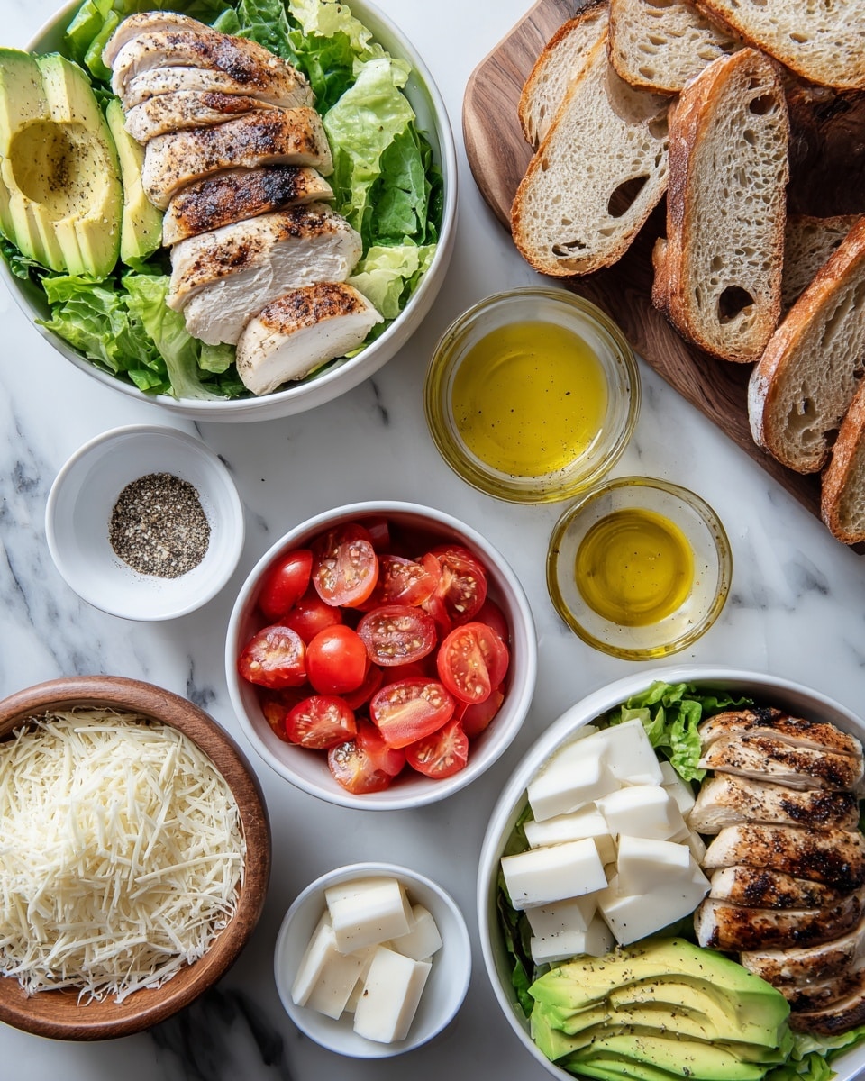 A close-up of a sandwich cut in half and stacked, showing three main layers inside: the top and bottom layers are thick slices of toasted bread with a golden-brown crust and soft, airy inside, the middle layer includes juicy grilled chicken pieces with a slightly charred surface, topped with melted, gooey white cheese that drips slightly out of the sandwich, followed by a fresh layer of chopped red tomatoes and green guacamole mixed with herbs, and shredded lettuce adding a light green color and texture. The sandwich sits on a white marbled surface, with warm natural light highlighting the textures and colors. photo taken with an iphone --ar 4:5 --v 7