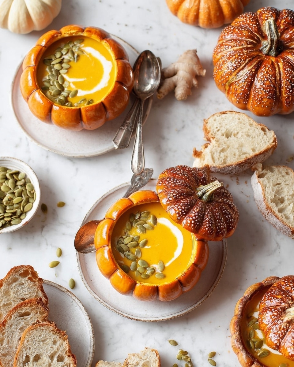 The image shows three white plates each with a small pumpkin soup bowl made from a hollowed, scalloped-edge small pumpkin filled with smooth, bright orange soup swirled with a lighter cream and topped with green pumpkin seeds. Each pumpkin bowl has its brown-orange pumpkin lid placed either beside or on top of it, with a shiny textured surface and sprinkled with salt. Two spoons, one silver and one tarnished, rest on two of the plates. Scattered around are pieces of torn crusty white bread, a small white bowl filled with green pumpkin seeds, a piece of ginger root, and a small pumpkin on a white marbled surface. Photo taken with an iphone --ar 4:5 --v 7
