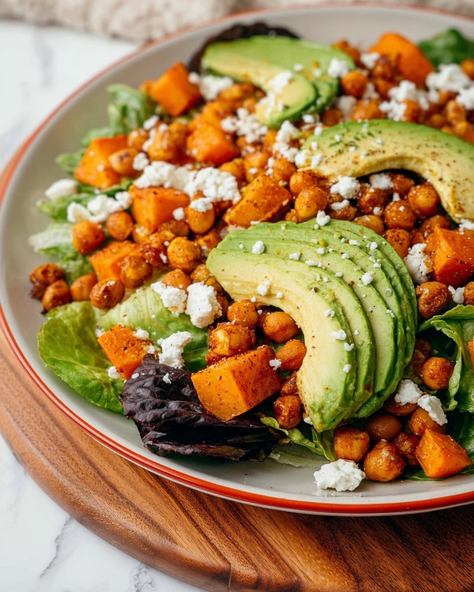 A fresh salad on a white plate with a red rim, placed on a wooden board over a white marbled surface. The bottom layer has dark green leafy lettuce. On top, there are golden brown roasted chickpeas and bright orange roasted butternut squash cubes, both sprinkled across the salad, adding a crunchy texture. Thick slices of creamy green avocado are layered over the vegetables, some topped with crumbled white feta cheese, giving a soft contrast to the crunchy elements. The colors are vibrant with green, orange, and white making a fresh and inviting dish. Photo taken with an iphone --ar 4:5 --v 7