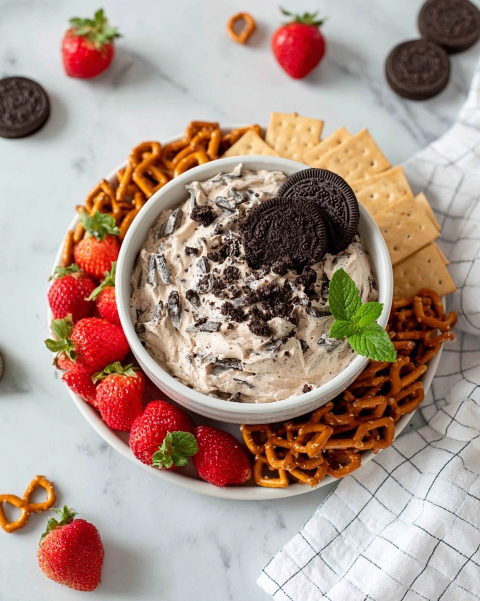 The image shows a white bowl filled with a creamy, light beige dip mixed with crushed chocolate sandwich cookies, topped with two whole cookies and a small green mint leaf on one side. The bowl is placed in the center of a round white plate. Around the bowl, there are three distinct layers: a layer of square-shaped salted pretzels that are light brown, a layer of bright red strawberries both whole and sliced, and a layer of pale tan rectangular graham crackers. The plate sits on a white marbled surface, with a few extra chocolate sandwich cookies and a white cloth with a light grid pattern nearby. Photo taken with an iphone --ar 4:5 --v 7