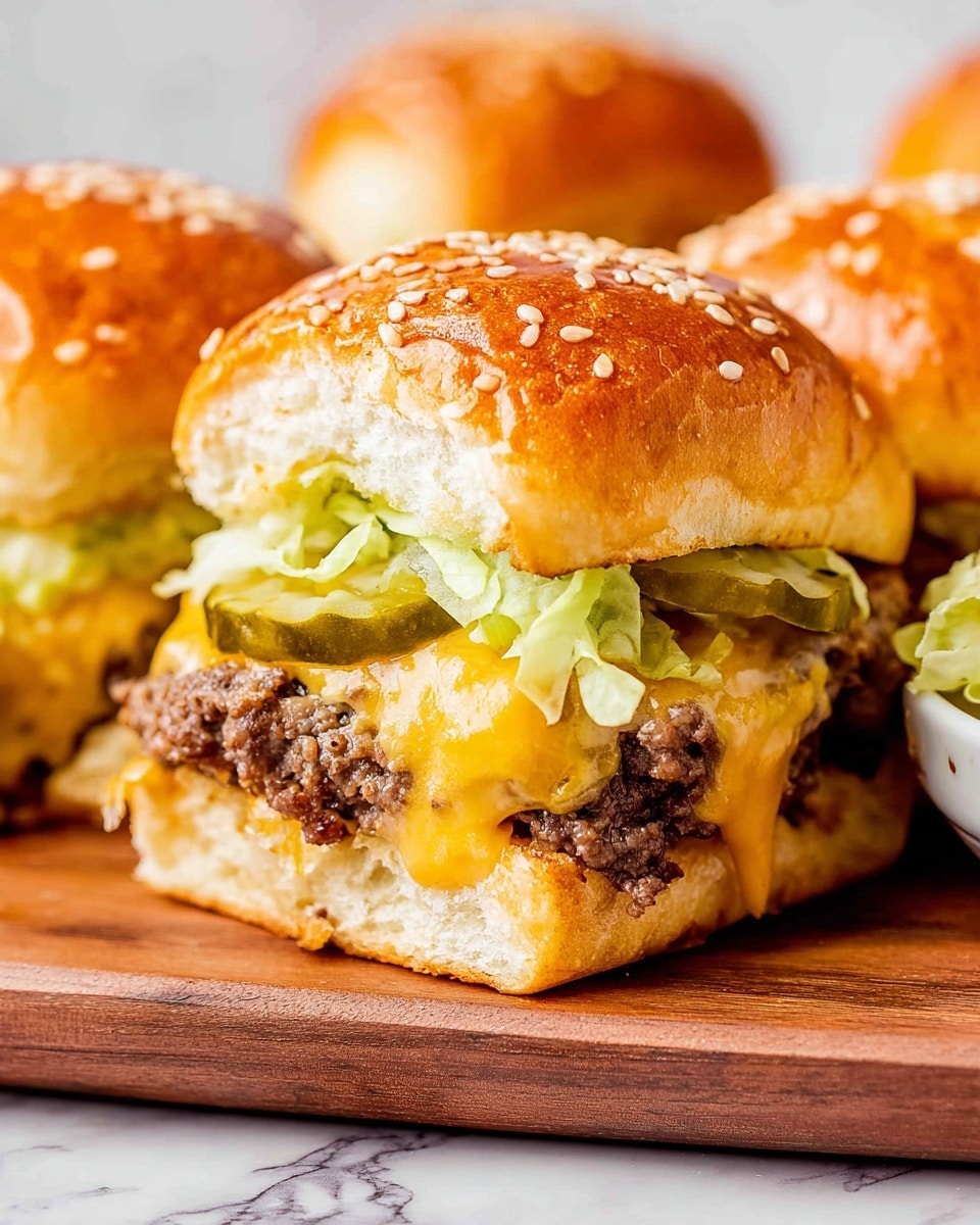 A close-up view of a slider sandwich on a wooden board, showing three layers inside a soft, shiny sesame seed bun. The bottom layer is a light golden bun, followed by a thick, juicy ground beef patty with melted orange cheddar cheese dripping slightly. Above the beef is a layer of thin, green shredded lettuce and two pickle slices, with the top sesame seed bun completing the sandwich. The bun has a glossy texture and is golden brown. The background is a white marbled texture. Photo taken with an iphone --ar 4:5 --v 7