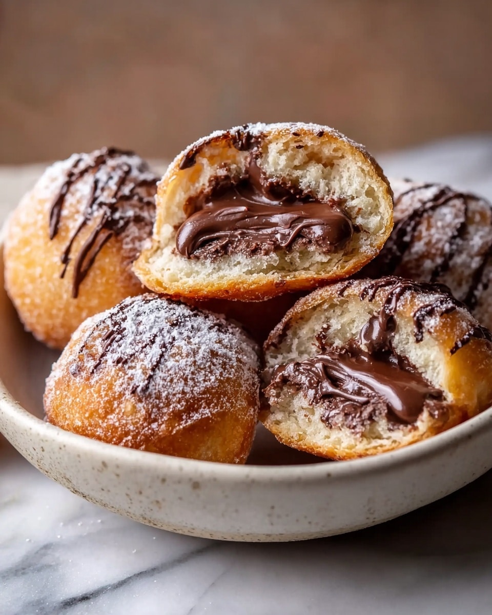 A round white ceramic bowl holds five golden brown pastries with a soft texture, each topped lightly with powdered sugar and drizzled with glossy dark chocolate. Two pastries are cut open to show multiple gooey layers of dark chocolate filling inside the thick, fluffy dough. The bowl sits on a white marbled surface, with a blurred neutral background. The rich chocolate contrasts with the light dough and dusting of sugar, creating a warm, inviting look. Photo taken with an iphone --ar 4:5 --v 7