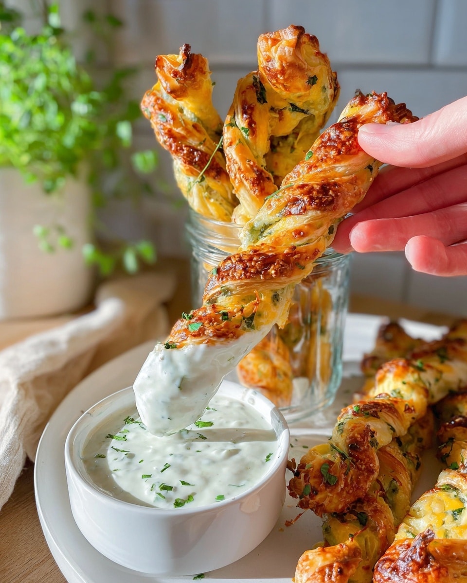 The image shows a close-up of twisted puff pastry sticks with a golden-brown, crispy texture and bits of green herbs and melted cheese baked inside. One pastry stick is held by a woman's hand, dipped halfway into a small white bowl filled with creamy white ranch sauce speckled with herbs. Several more pastry sticks are placed upright inside a clear glass jar, while others lie on a white plate near the bowl. The setting is a bright kitchen with natural light hitting the food, and there is a small green plant in the corner adding a fresh touch. The dish looks warm, cheesy, and crispy, inviting to eat. photo taken with an iphone --ar 4:5 --v 7