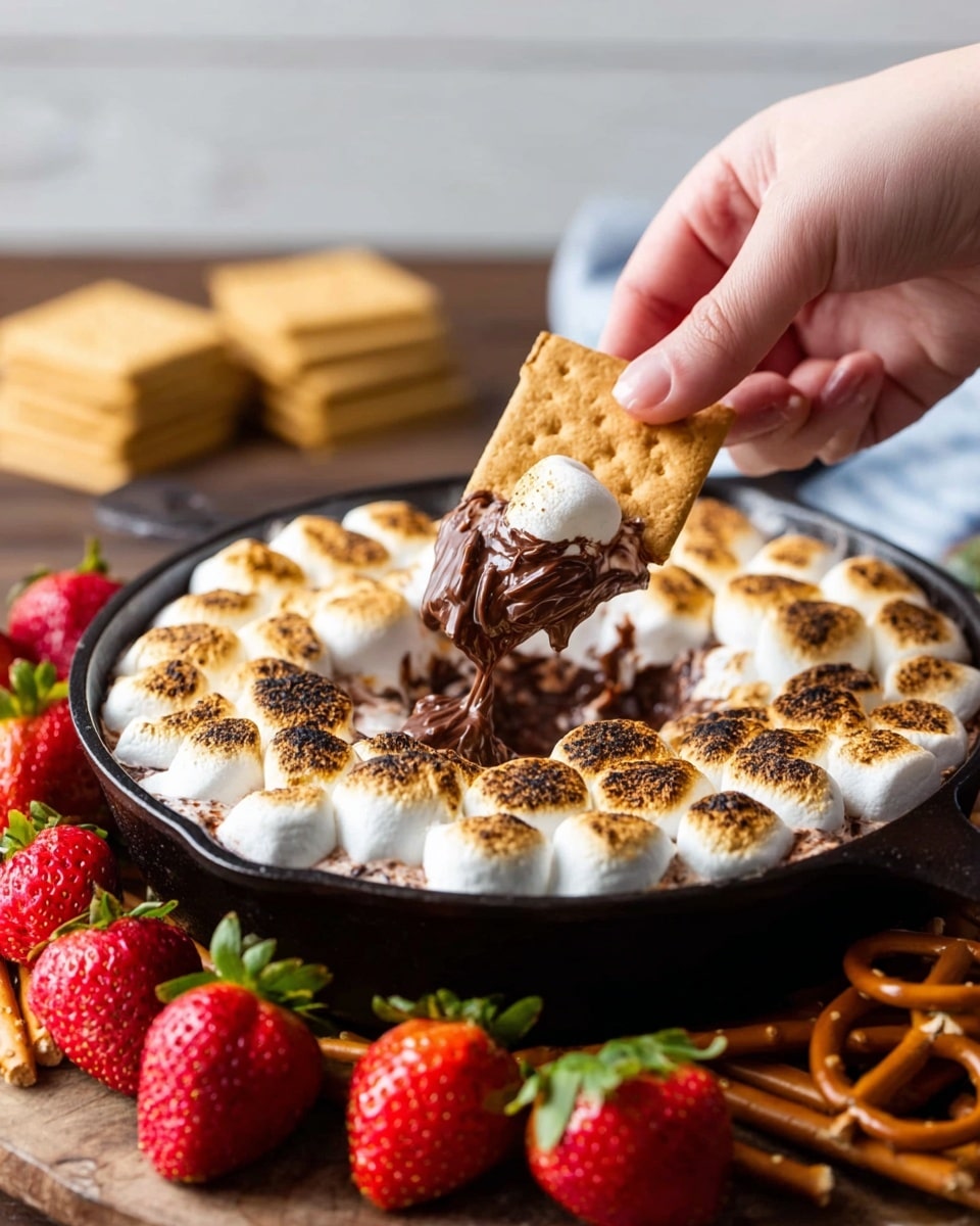 A round black skillet holds a layered s’mores dip, with a top layer of toasted golden brown marshmallows that are soft and puffy, beneath them a middle layer of melted, shiny dark brown chocolate with a smooth texture. A woman's hand is dipping a light beige rectangular graham cracker into the gooey chocolate and marshmallow mix. The skillet sits on a wooden surface with a white marbled textured background. Around the skillet are fresh red strawberries with green leaves, more rectangular light beige graham crackers stacked neatly, and golden brown pretzels. Photo taken with an iphone --ar 4:5 --v 7