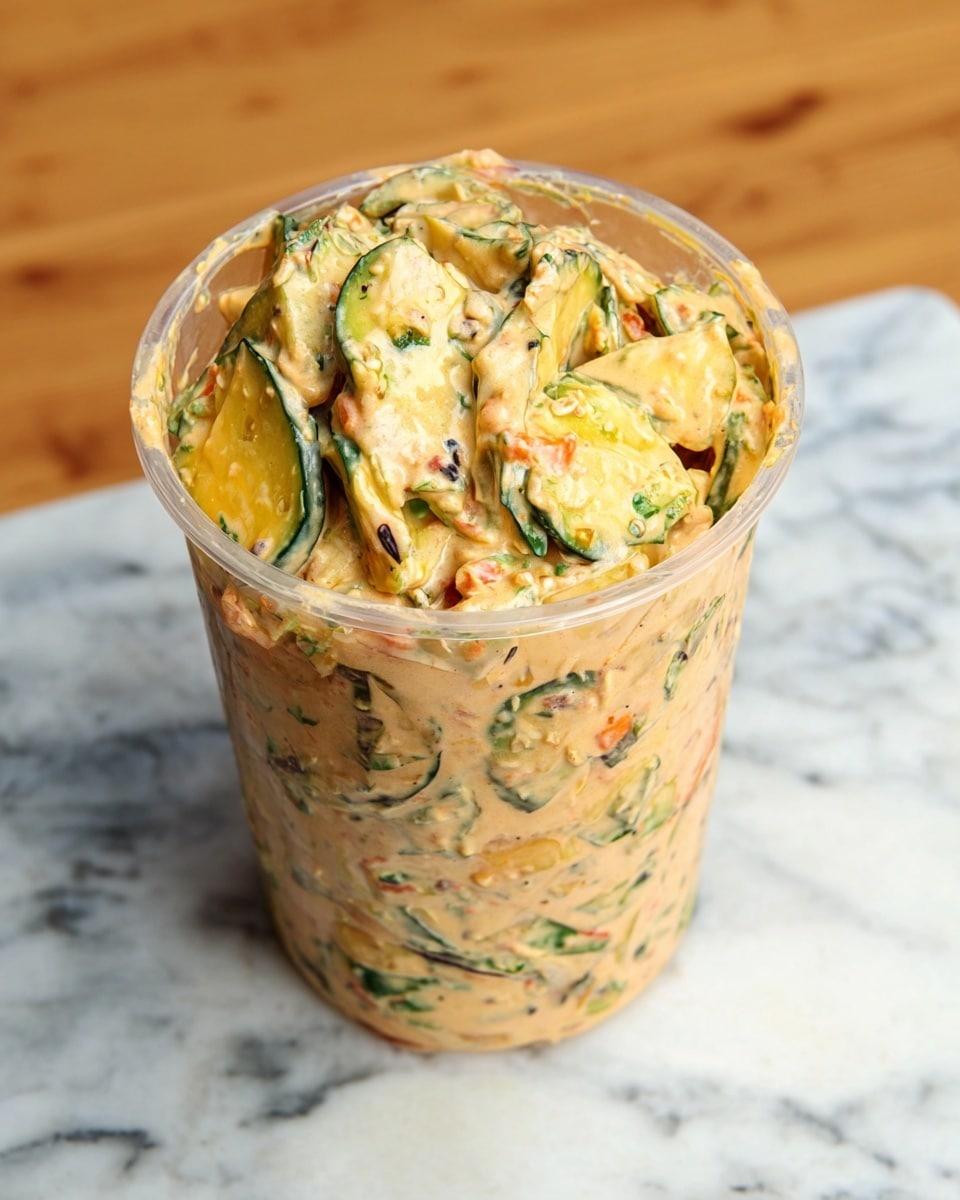 The image shows a clear, tall glass filled to the top with a creamy salad made of mixed vegetables. Inside the creamy yellow sauce, there are green cucumber slices, edamame beans, thin red onion slices, and tiny black seeds spread evenly. The salad is thick and messy, slightly spilling over the edge of the glass. A woman's hand is holding a light blue spoon, lifting some of the salad from the glass. The glass is placed on a wooden chopping board, and the background is a white marbled surface. photo taken with an iphone --ar 4:5 --v 7