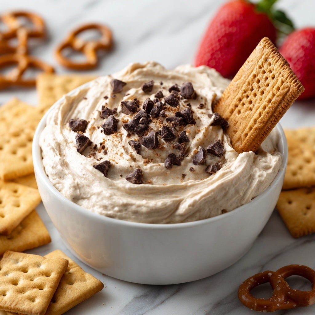 A white bowl filled with creamy beige dip that has a smooth and slightly chunky texture. Scattered on top are small dark brown chocolate chips and crumbled light brown cookie pieces. One whole rectangular golden-brown cookie with a textured pattern is partially dipped into the dip, leaning on the bowl's edge. Surrounding the bowl are more rectangular golden-brown cookies and light beige square crackers. In the background, there are a few pretzels and some red strawberries on a white marbled surface. Photo taken with an iphone --ar 4:5 --v 7