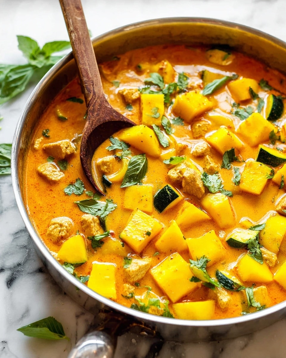 A white bowl filled with white rice at the bottom, topped with a creamy orange curry that has small chunks of chicken and pieces of red bell pepper. On top of the curry, there are bright yellow mango cubes scattered around, along with green cilantro leaves sprinkled over the dish. A silver spoon is placed inside the bowl on the left side. The bowl is set on a white marbled surface with a few green cilantro leaves around it. photo taken with an iphone --ar 4:5 --v 7