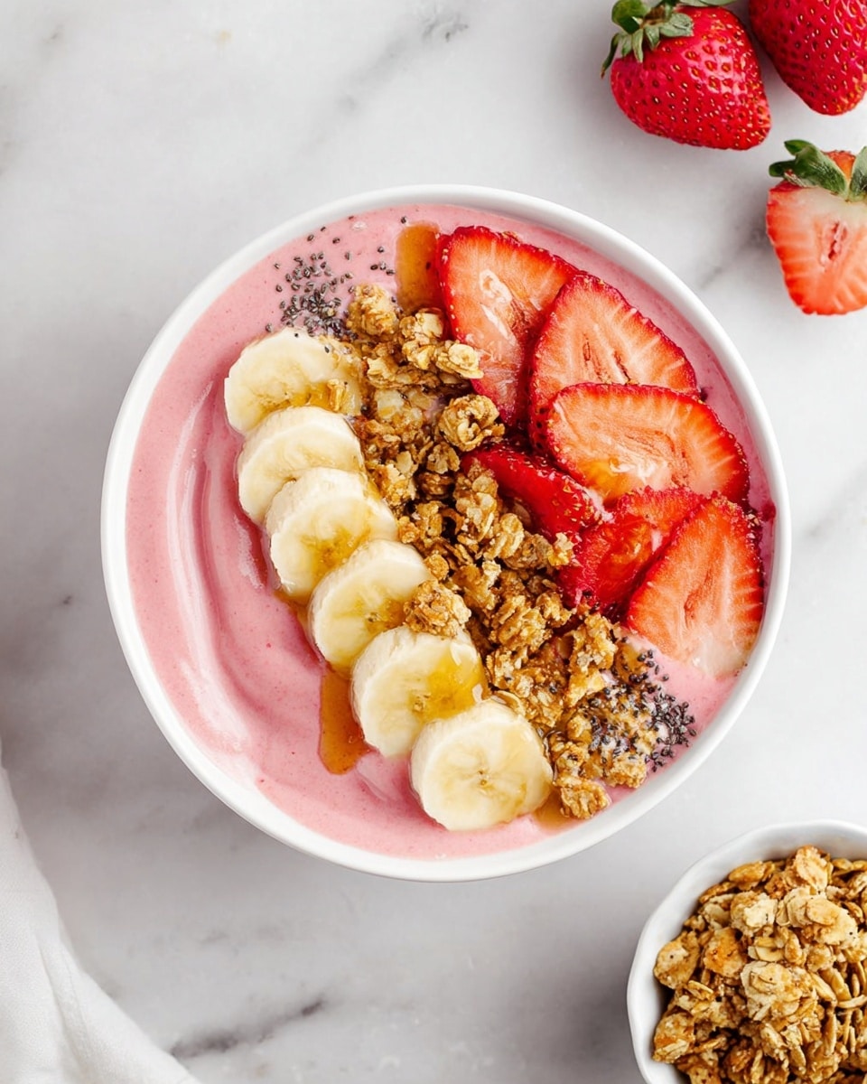 A round white bowl holds a thick pink smoothie base as the first layer, creamy with visible small strawberry bits. On top, there are three simple layers: on the left, several slices of pale yellow banana, slightly glossy; in the middle, a small pile of light brown granola with oats and a few whole almonds; on the right, bright red sliced strawberries mostly covered by the pink smoothie. A drizzle of honey or syrup shines lightly over the banana slices and granola. In the bowl, a metal spoon rests on the right side, slightly submerged into the smoothie. The bowl is placed on a white marbled surface with a soft, light gray cloth in the upper left corner and fresh strawberries, whole and sliced, on the bottom right. Photo taken with an iphone --ar 4:5 --v 7