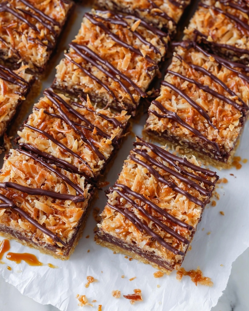 A single square piece of layered dessert sits on a white plate with a white marbled texture background. The bottom layer is dark brown, thick, and crumbly, resembling a rich chocolate cake. Above it is a gooey caramel layer mixed with shredded toasted coconut, giving a shiny, textured look with golden and light brown hues. On top, there are three thin dark chocolate strips placed unevenly. In the background, more squares of the same dessert and round cookies are slightly blurred. Photo taken with an iphone --ar 4:5 --v 7
